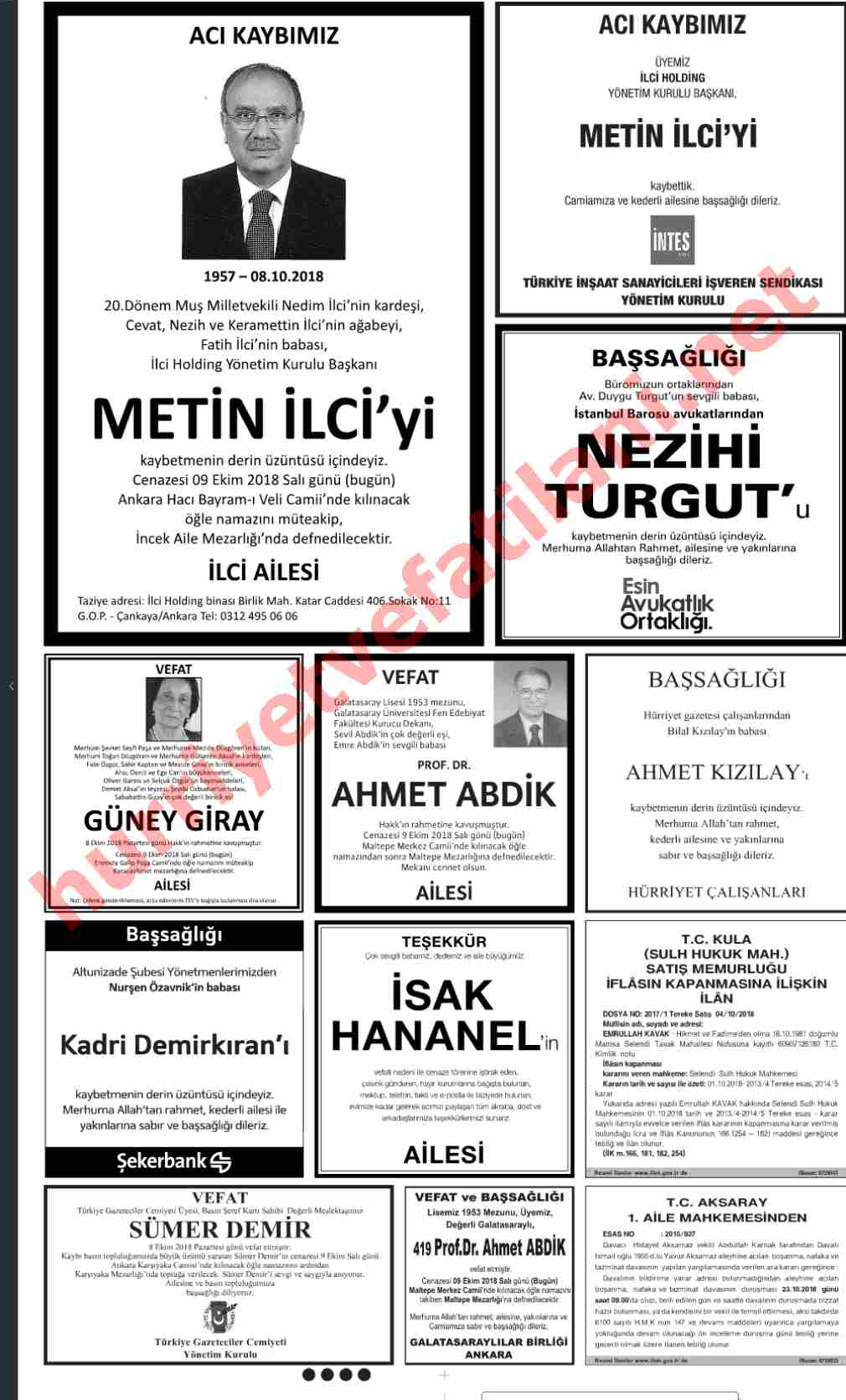 09 Ekim 2018 Salı Günü Hürriyet Gazetesinde Yayınlanmış Vefat İlanları Sayfası