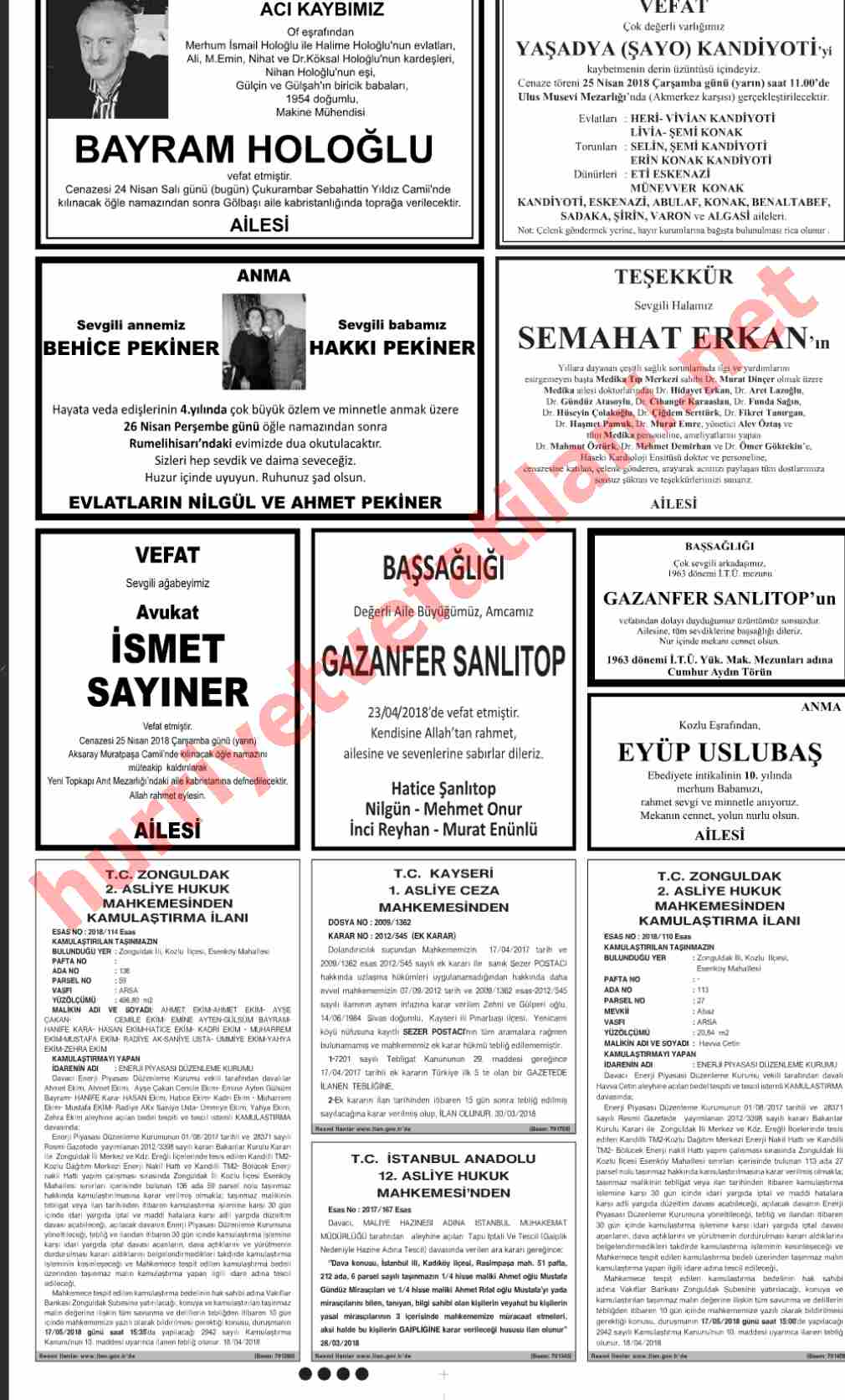 24 Nisan 2018 Hürriyet Gazetesinde Yayınlanmış Vefat İlanları Sayfası