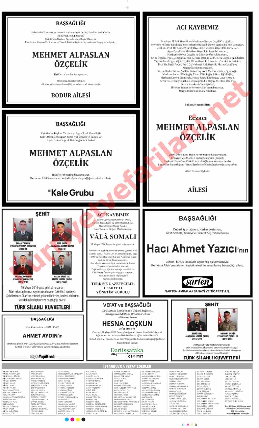 21 Mayıs 2016 Hürriyet Gazetesinde Yayınlanmış Vefat İlanları Sayfası