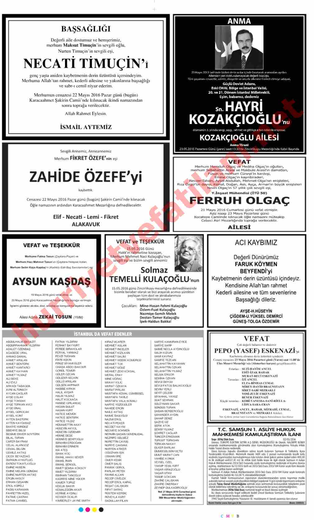 22 Mayıs 2016 Hürriyet Gazetesinde Yayınlanmış Vefat İlanları Sayfası