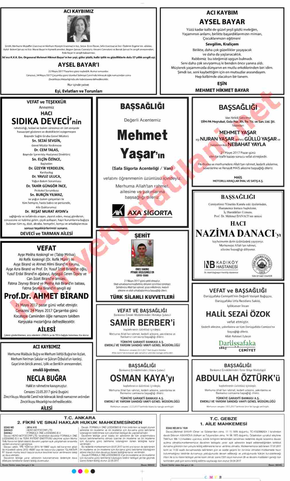 23 Mayıs 2017 Salı Günü Hürriyet Gazetesinde Yayınlanmış Vefat İlanları Sayfası