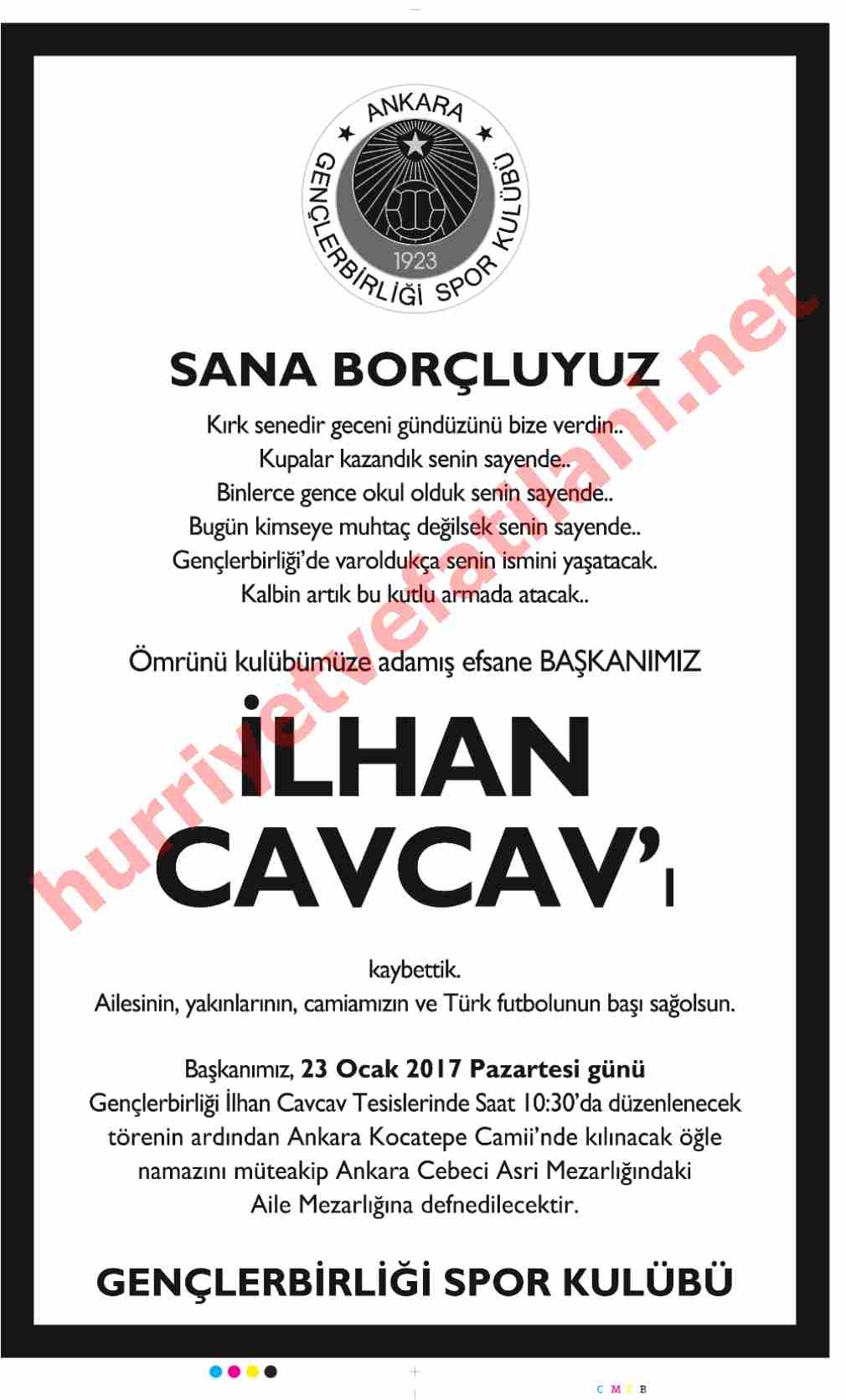 23 Ocak 2017 Pazartesi Günü Hürriyet Gazetesinde Yayınlanmış Vefat İlanları Sayfası