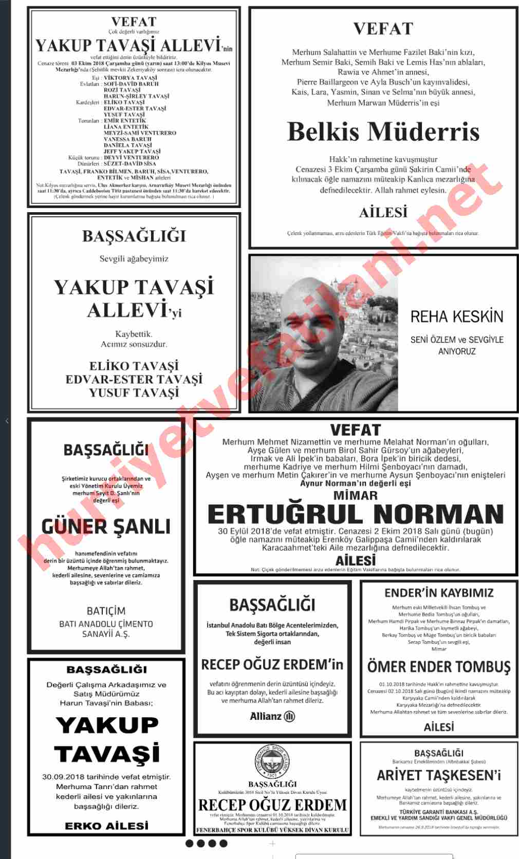 02 Ekim 2018 Hürriyet Gazetesinde Yayınlanmış Vefat İlanları Sayfası