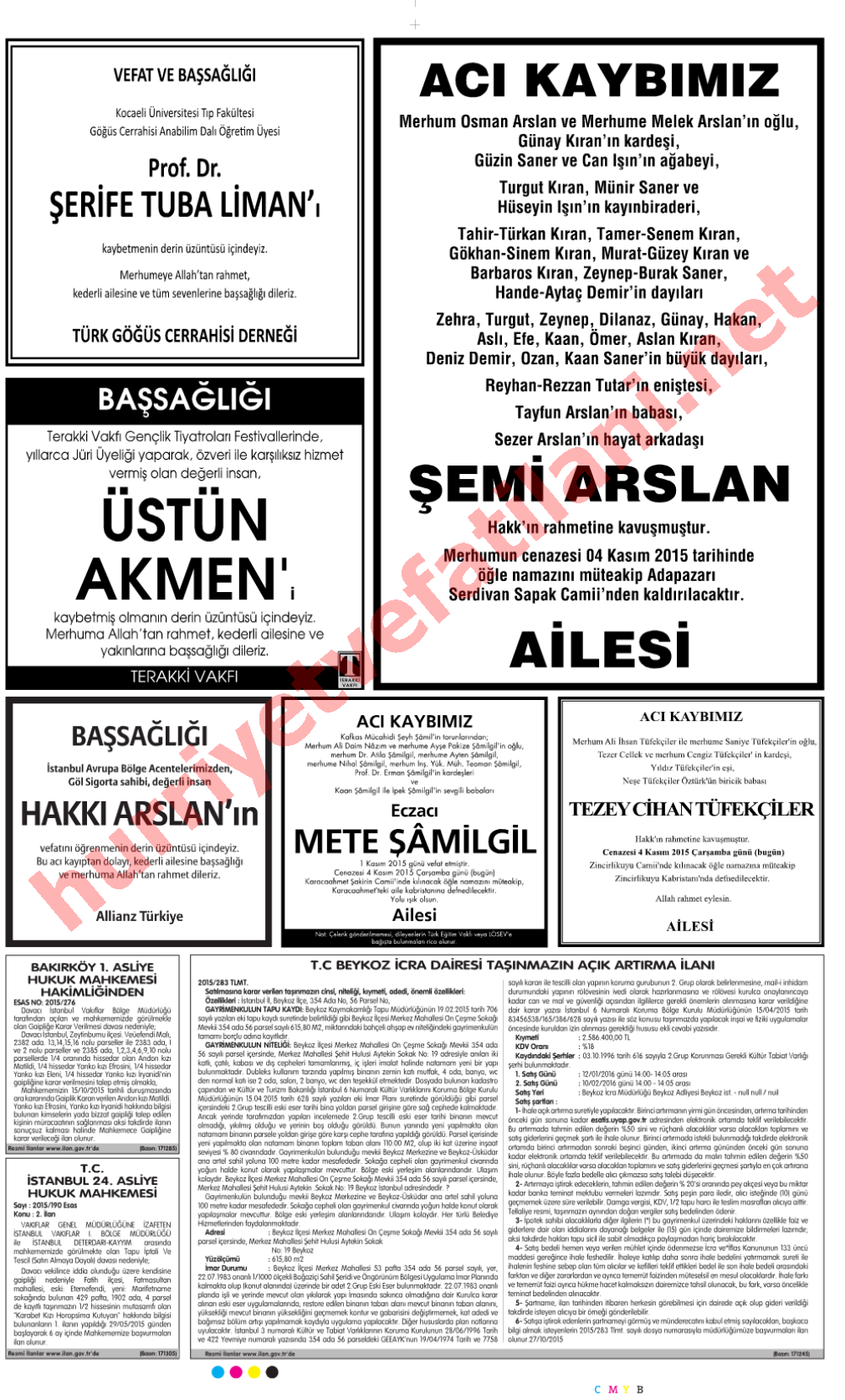 04 Kasım 2015 Hürriyet Gazetesinde Yayınlanmış Vefat İlanları Sayfası