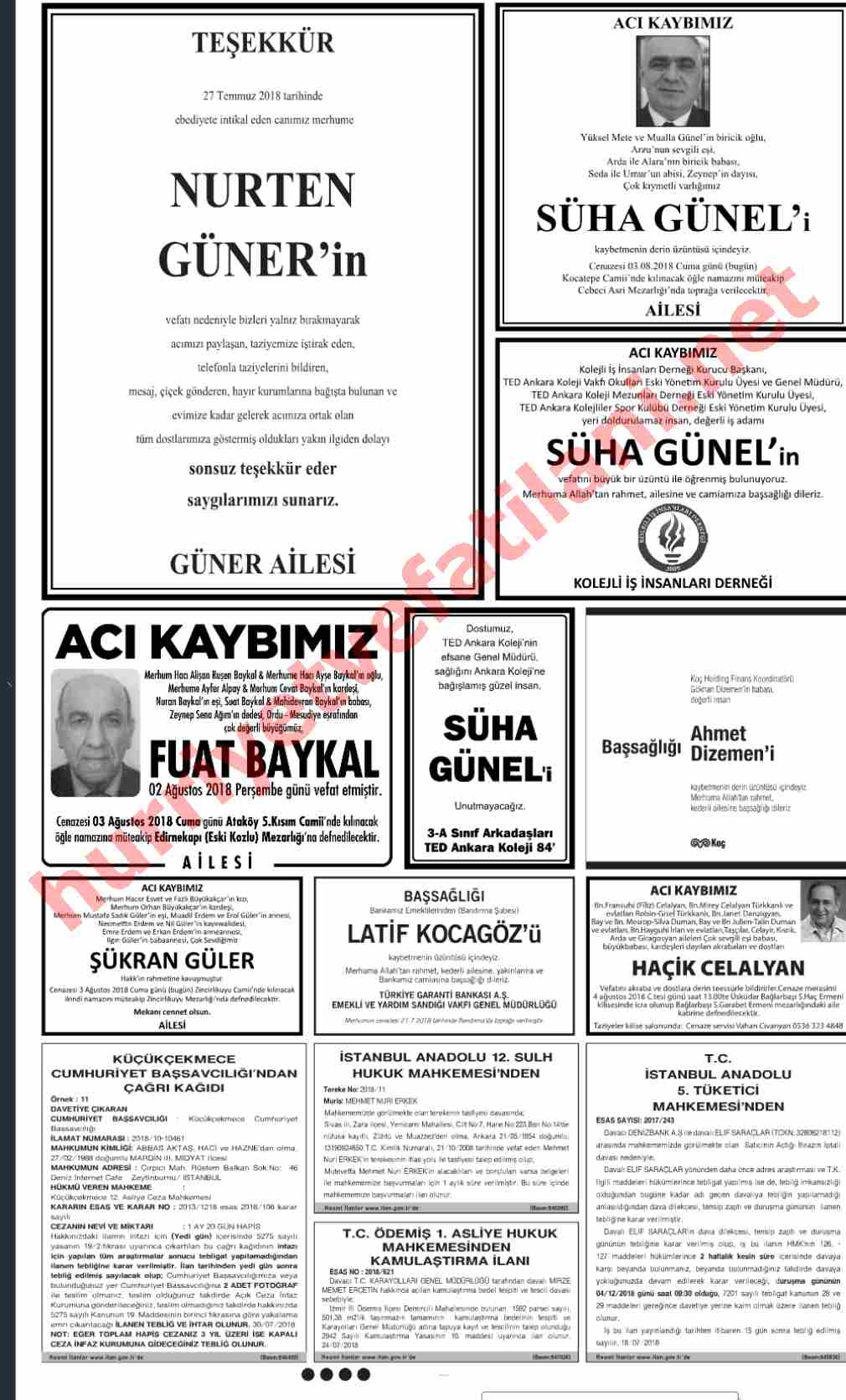 03 Ağustos 2018 Cuma Günü Hürriyet Gazetesinde Yayınlanmış Vefat İlanları Sayfası