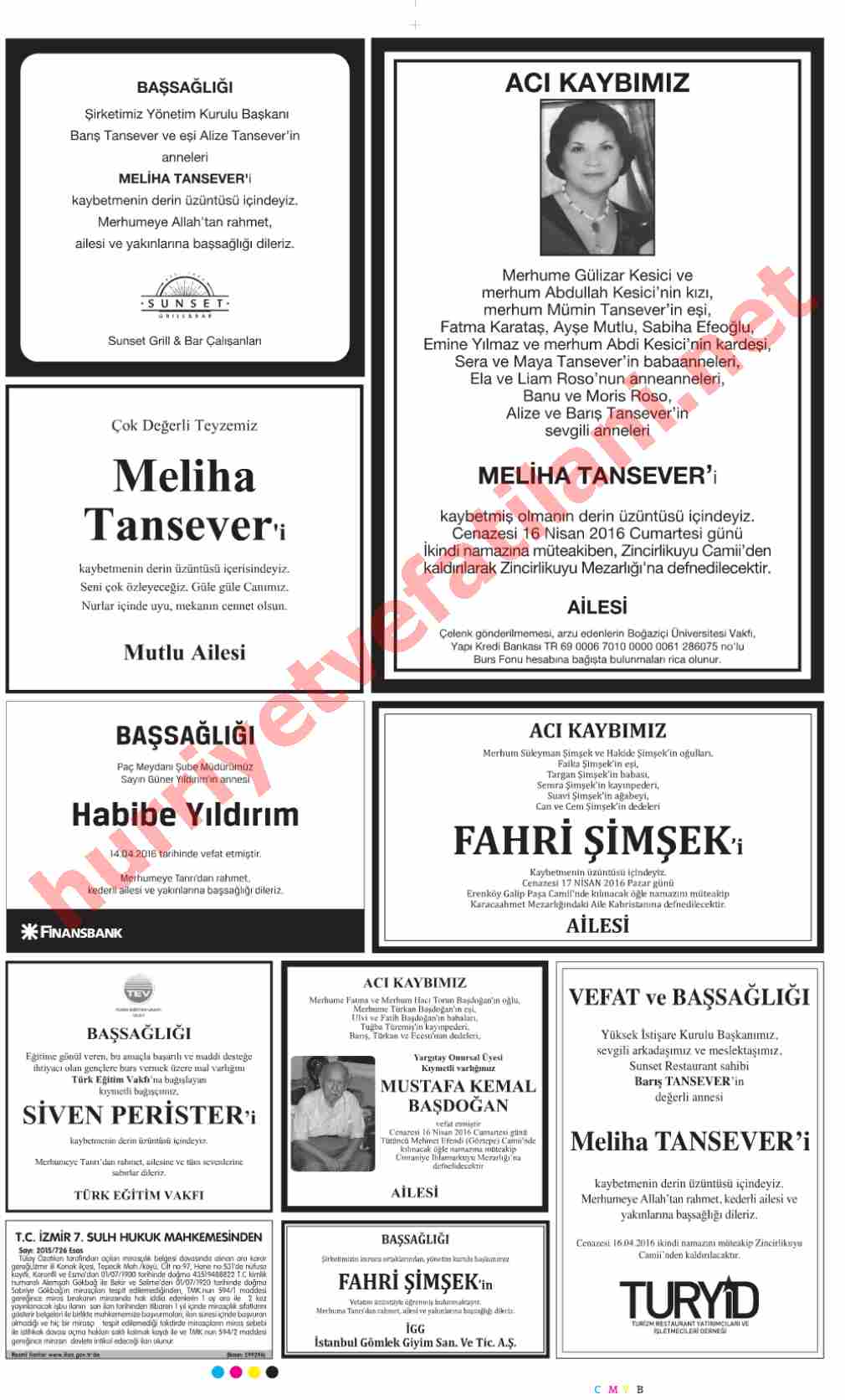 16 Nisan 2016 Hürriyet Gazetesinde Yayınlanmış Vefat İlanları Sayfası