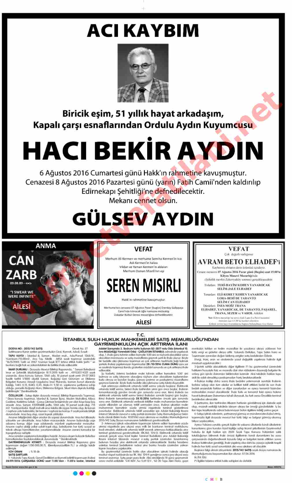 07 Ağustos 2016 Pazar Günü Hürriyet Gazetesinde Yayınlanmış Vefat İlanları Sayfası
