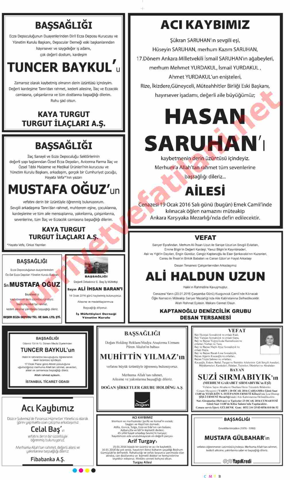 19 Ocak 2016 Hürriyet Gazetesinde Yayınlanmış Vefat İlanları Sayfası