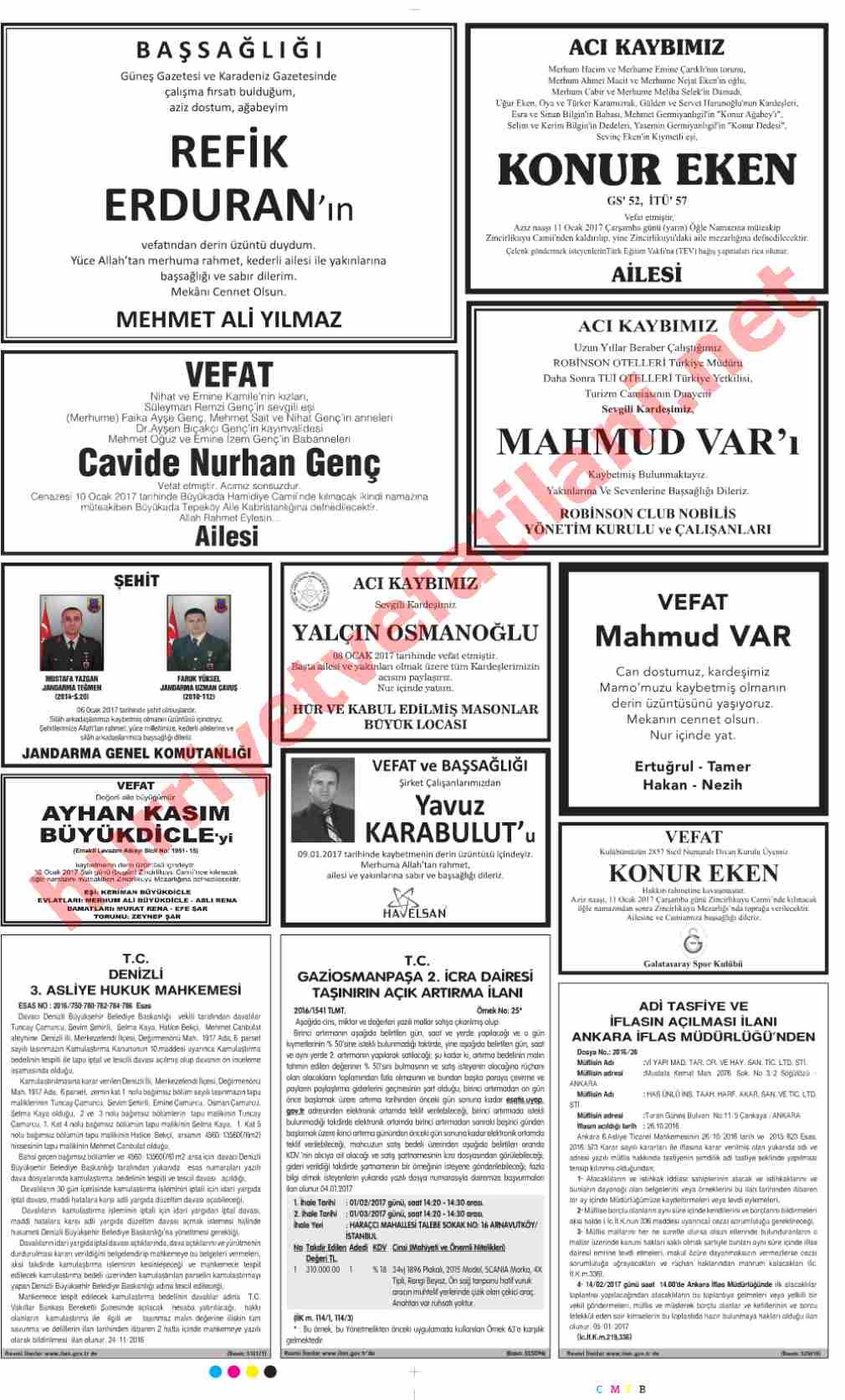 10 Ocak 2017 Salı Günü Hürriyet Gazetesinde Yayınlanmış Vefat İlanları Sayfası