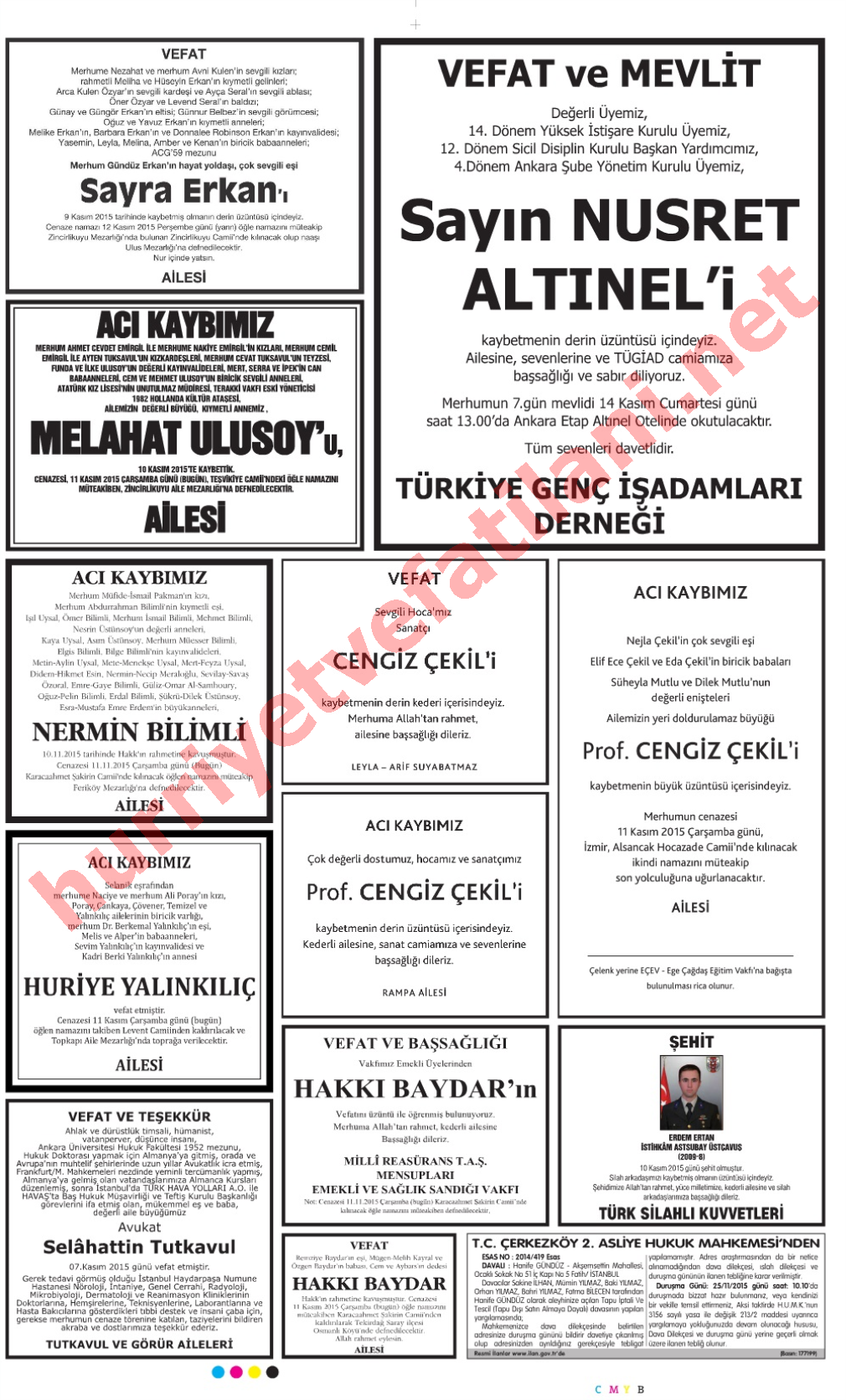 11 Kasım 2015 Çarşamba Günü Hürriyet Gazetesinde Yayınlanmış Vefat İlanları Sayfası