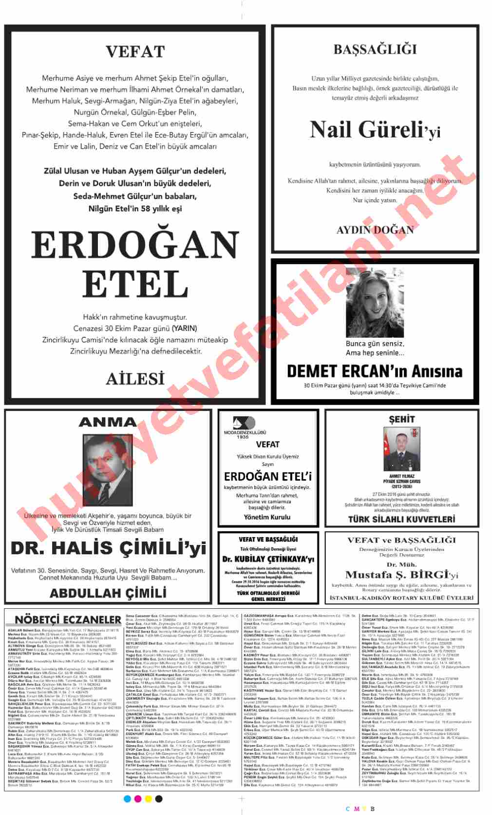 29 Ekim 2016 Hürriyet Gazetesinde Yayınlanmış Vefat İlanları Sayfası