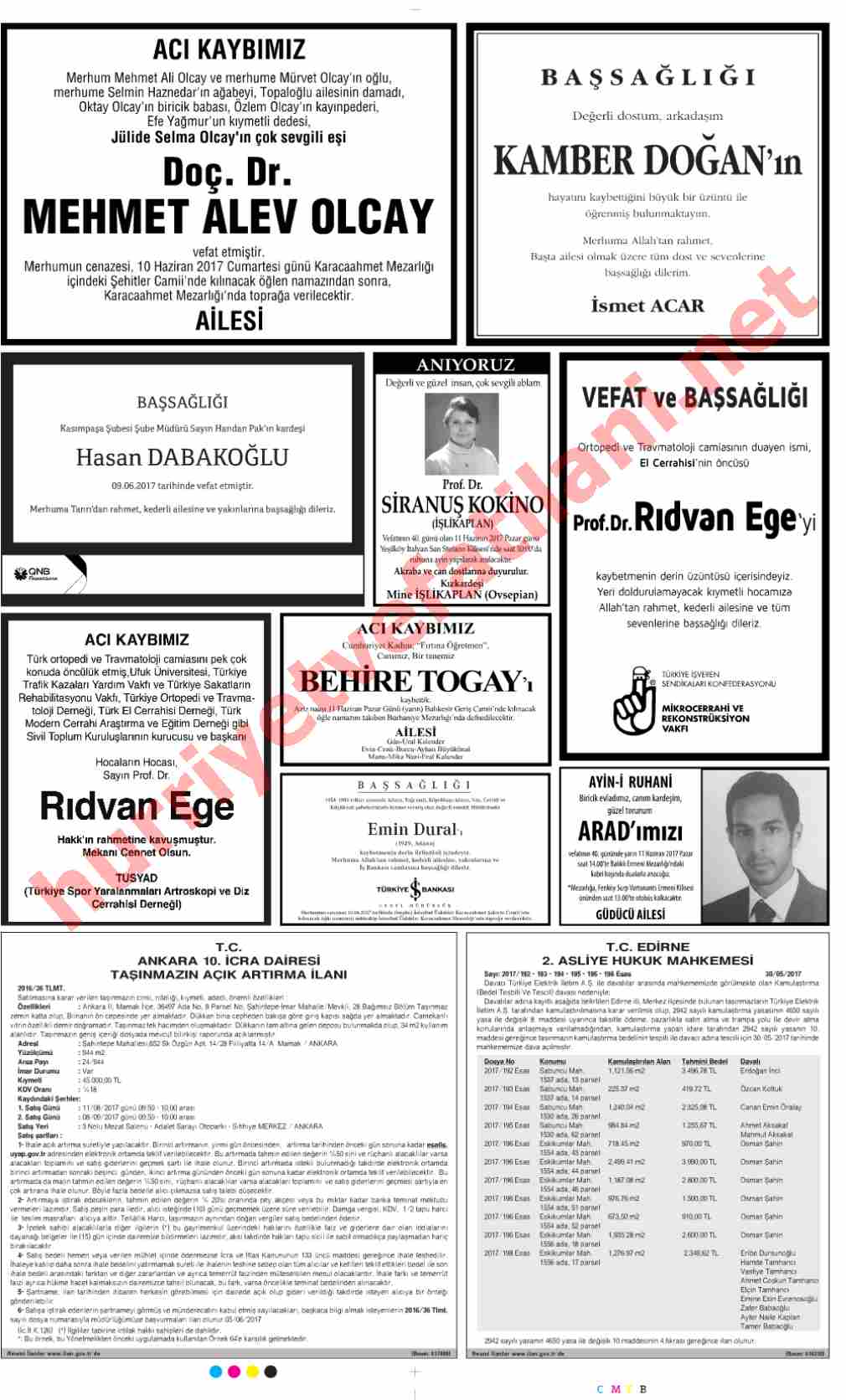 10 Haziran 2017 Cumartesi Günü Hürriyet Gazetesinde Yayınlanmış Vefat İlanları Sayfası