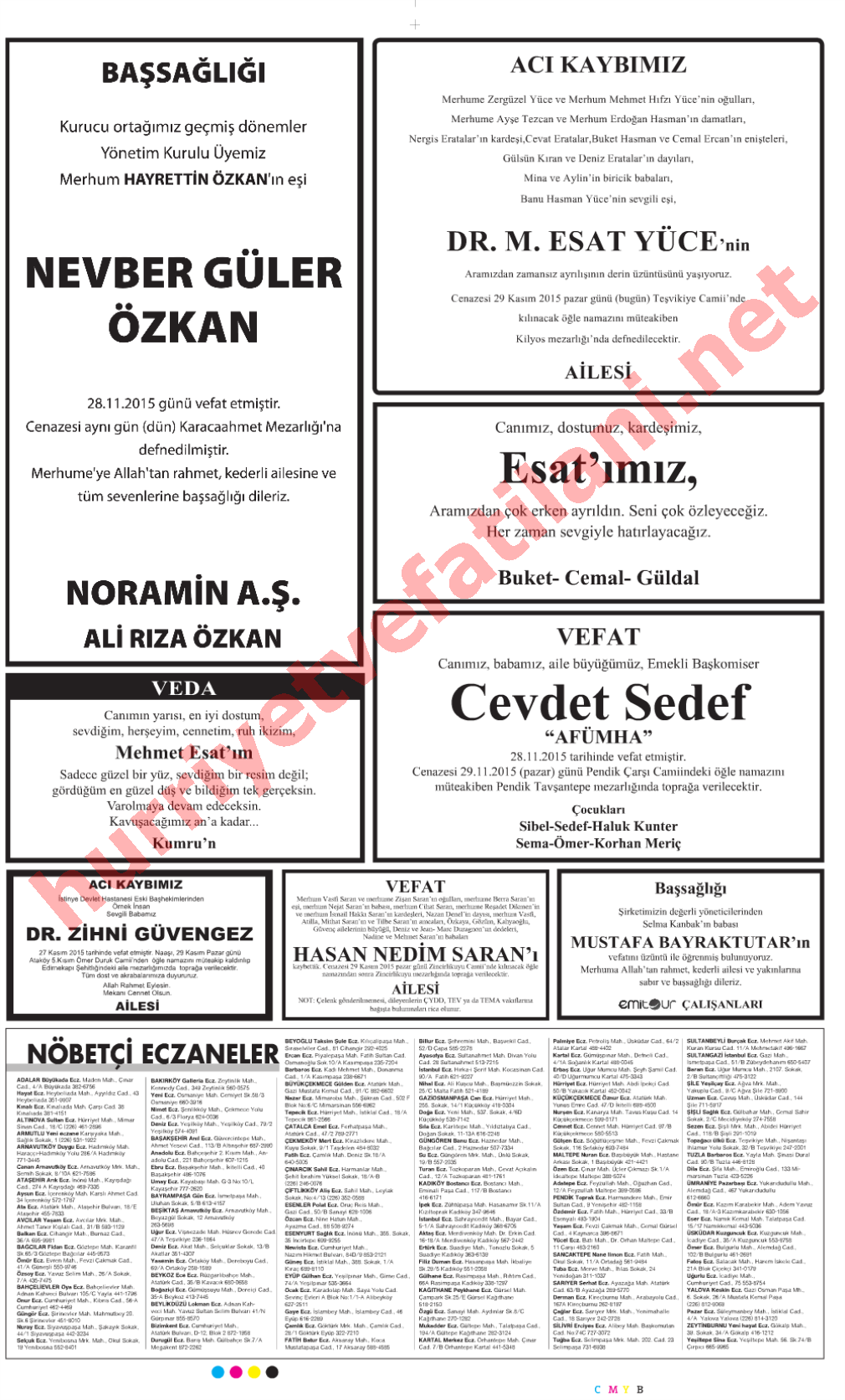 29 Kasım 2015 Hürriyet Gazetesinde Yayınlanmış Vefat İlanları Sayfası