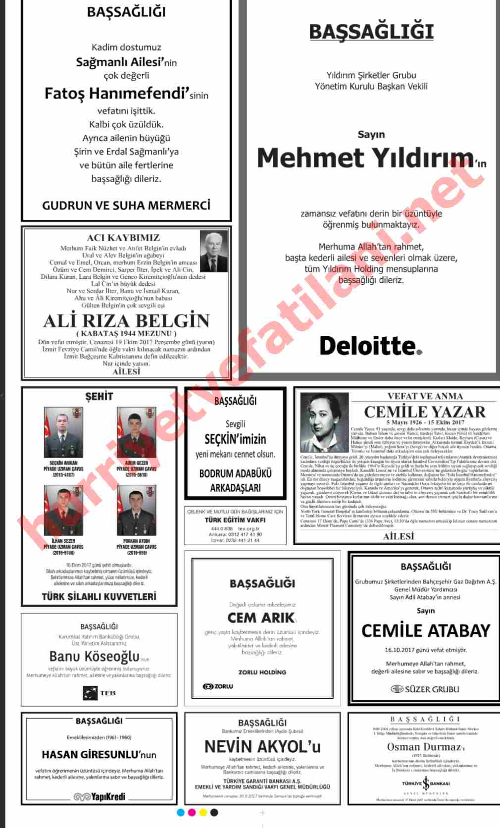 18 Ekim 2017 Hürriyet Gazetesinde Yayınlanmış Vefat İlanları Sayfası