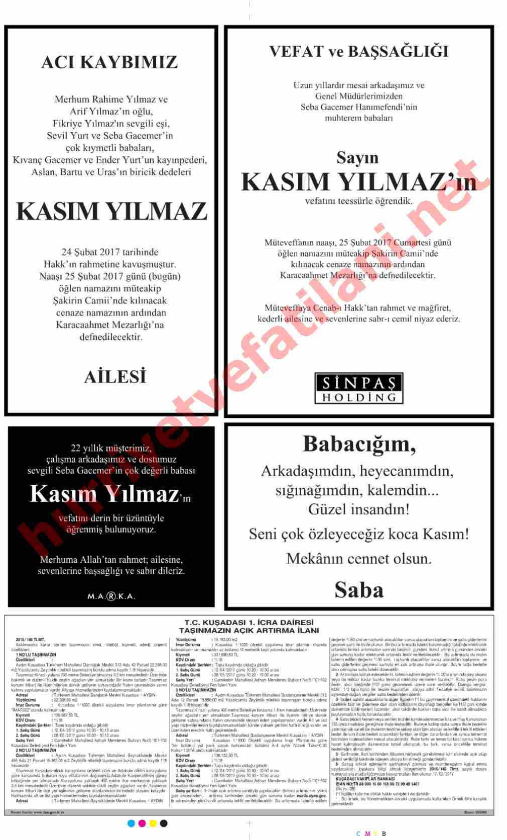 25 Şubat 2017 Cumartesi Günü Hürriyet Gazetesinde Yayınlanmış Vefat İlanları Sayfası