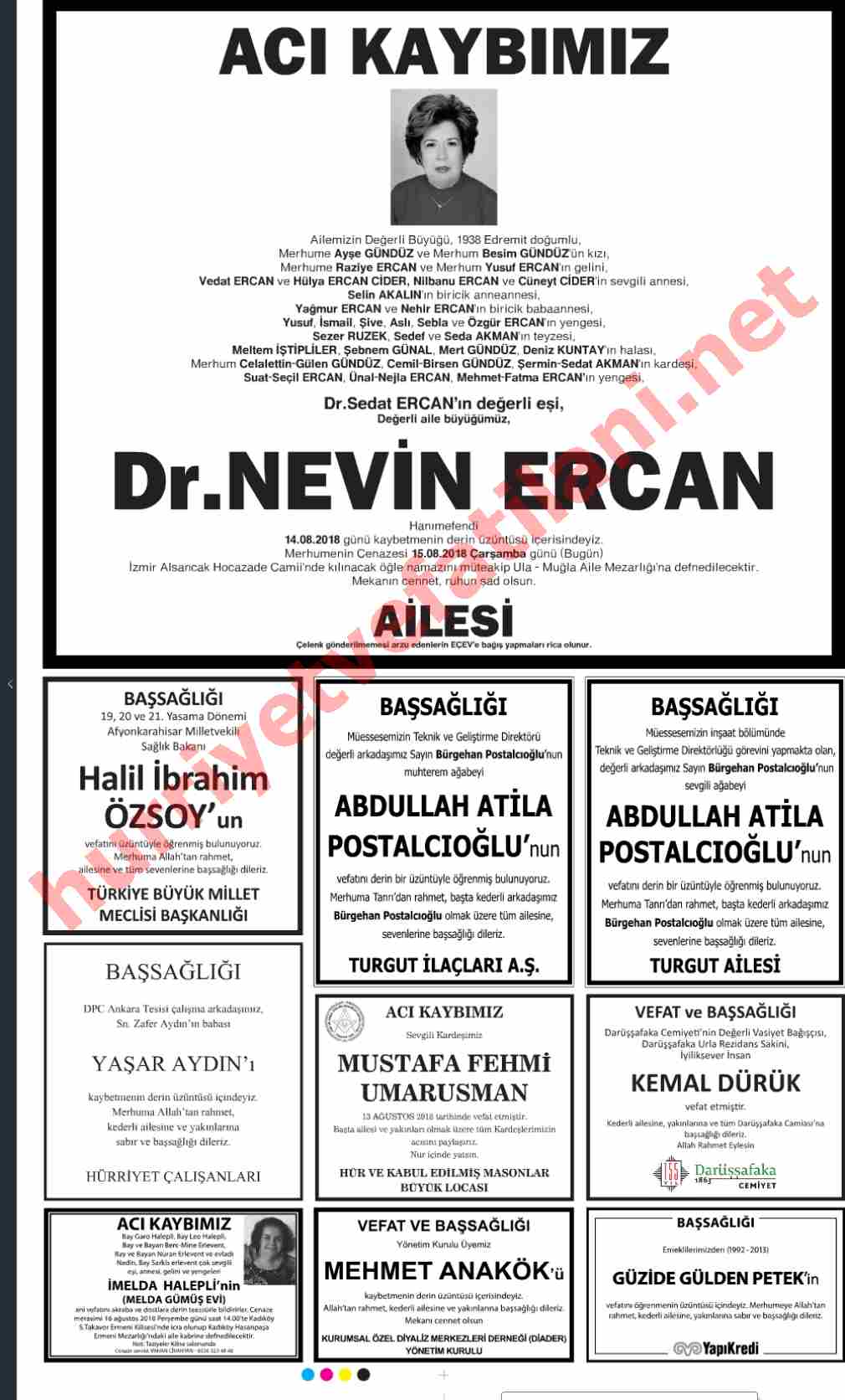 15 Ağustos 2018 Hürriyet Gazetesinde Yayınlanmış Vefat İlanları Sayfası