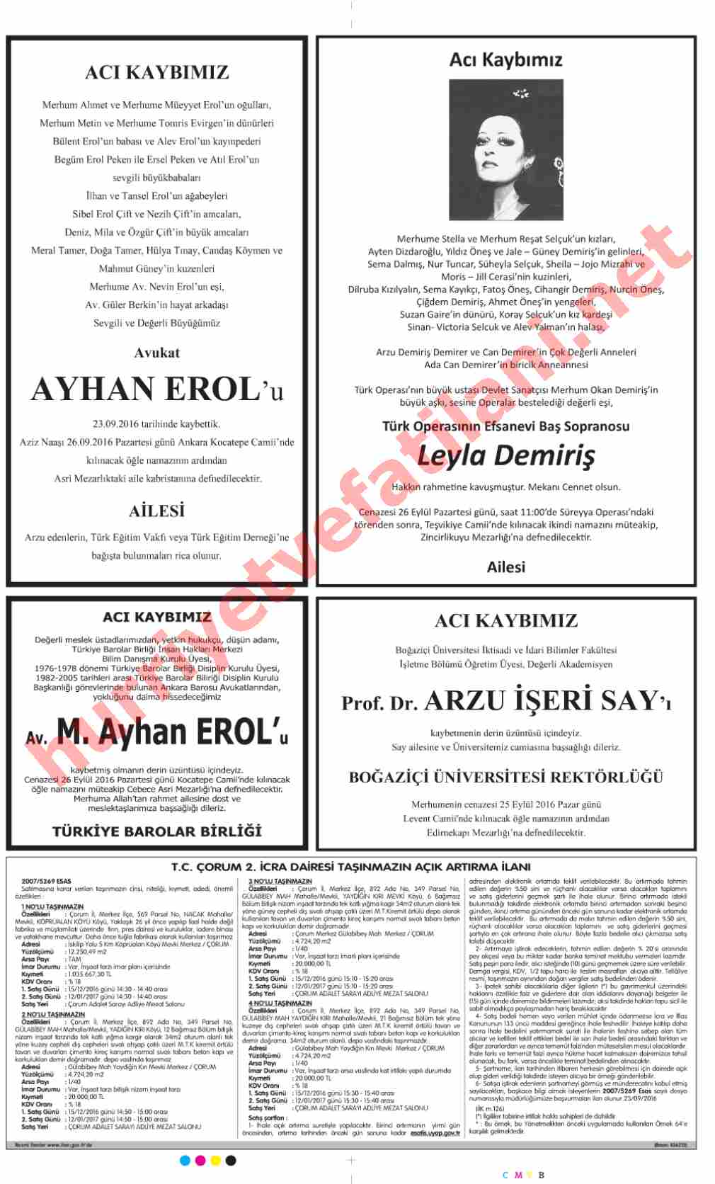 25 Eylül 2016 Pazar Günü Hürriyet Gazetesinde Yayınlanmış Vefat İlanları Sayfası