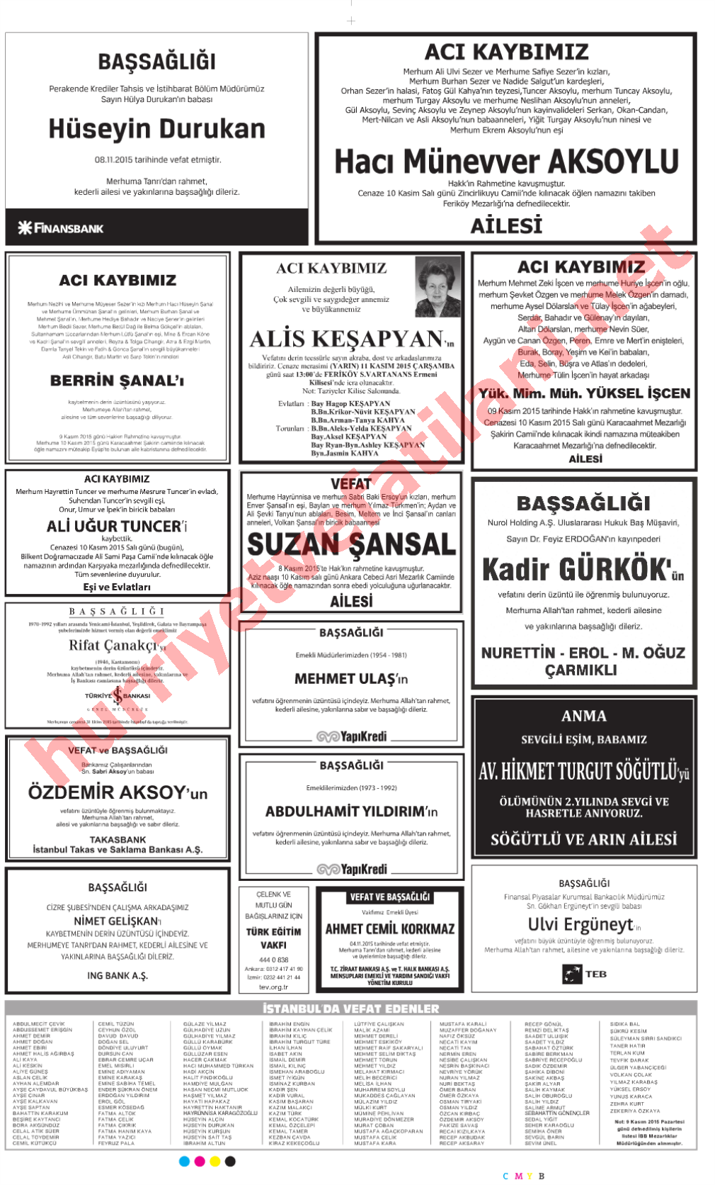 10 Kasım 2015 Hürriyet Gazetesinde Yayınlanmış Vefat İlanları Sayfası