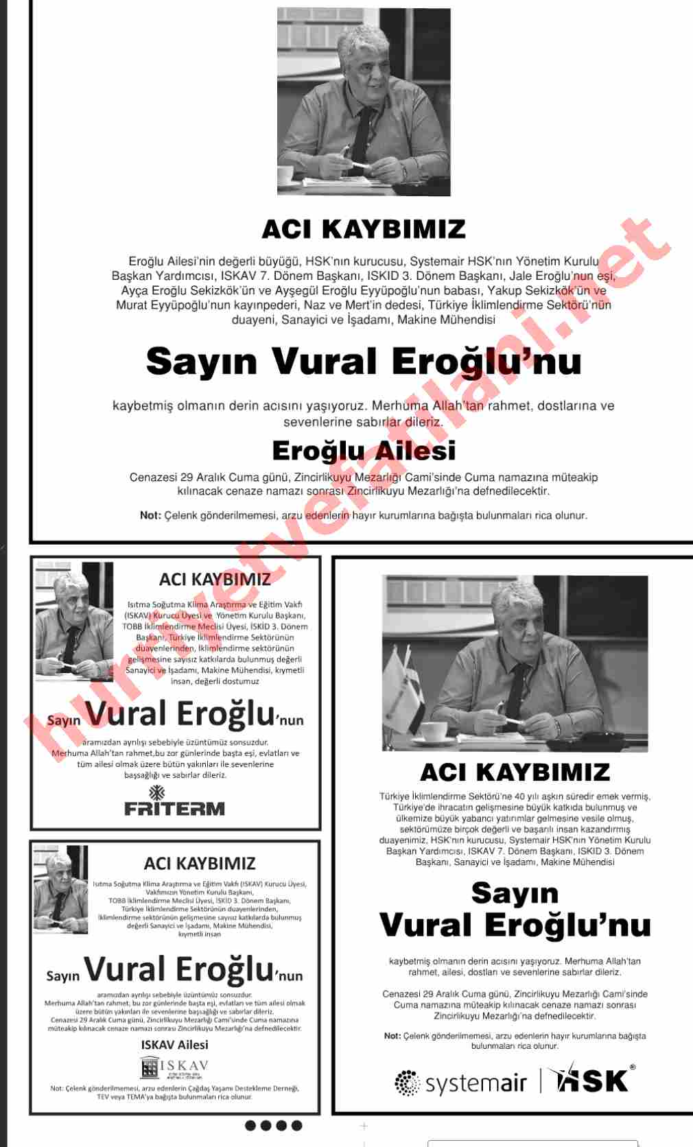 29 Aralık 2017 Cuma Günü Hürriyet Gazetesinde Yayınlanmış Vefat İlanları Sayfası