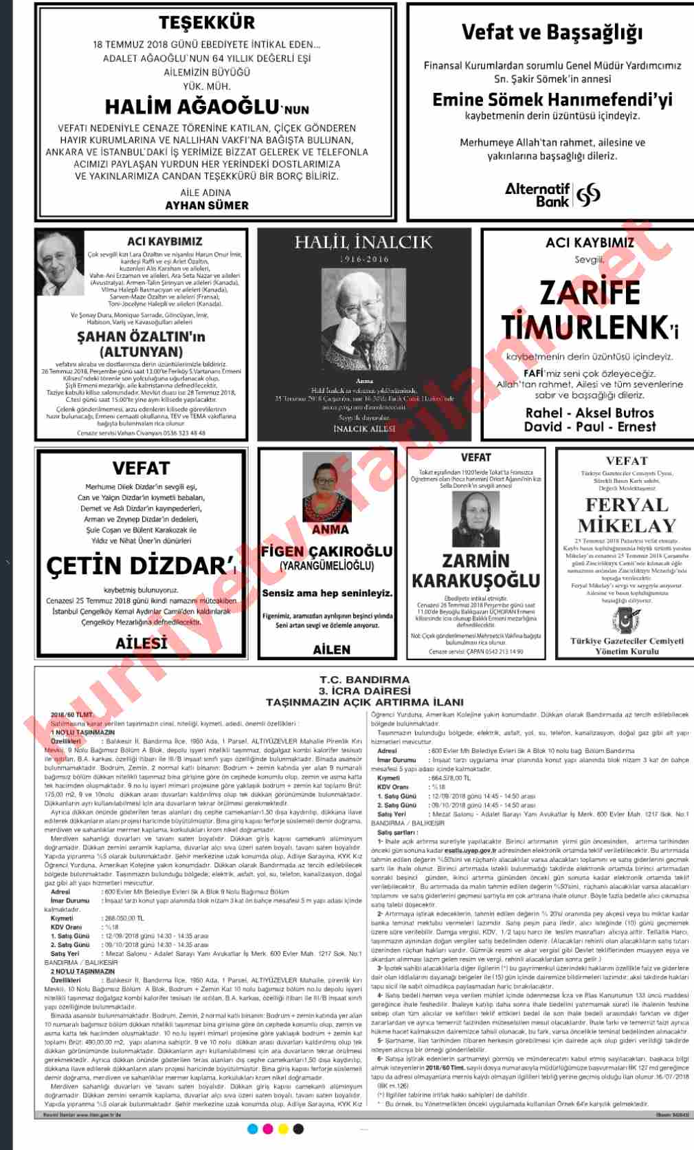 25 Temmuz 2018 Çarşamba Günü Hürriyet Gazetesinde Yayınlanmış Vefat İlanları Sayfası