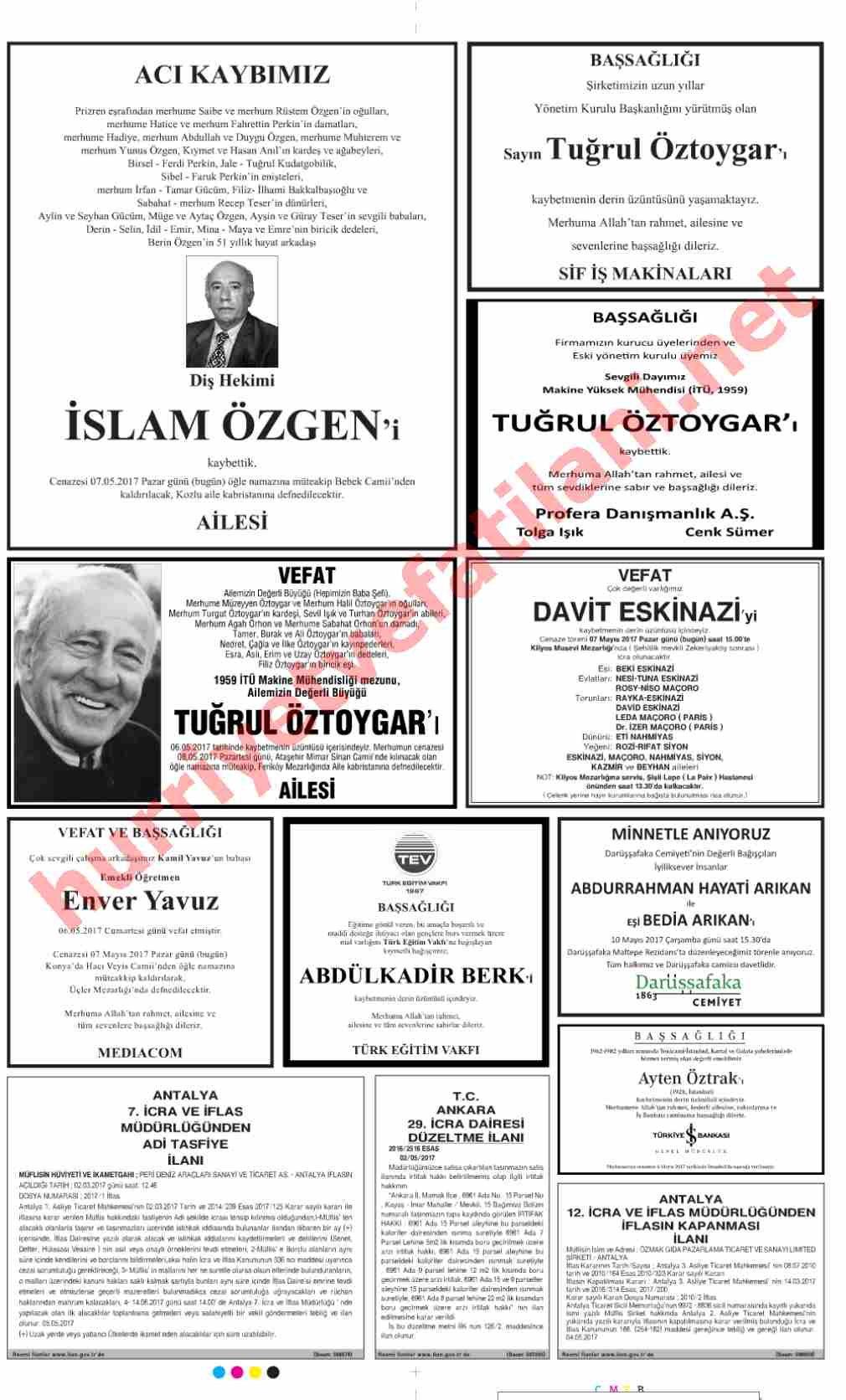 07 Mayıs 2017 Pazar Günü Hürriyet Gazetesinde Yayınlanmış Vefat İlanları Sayfası