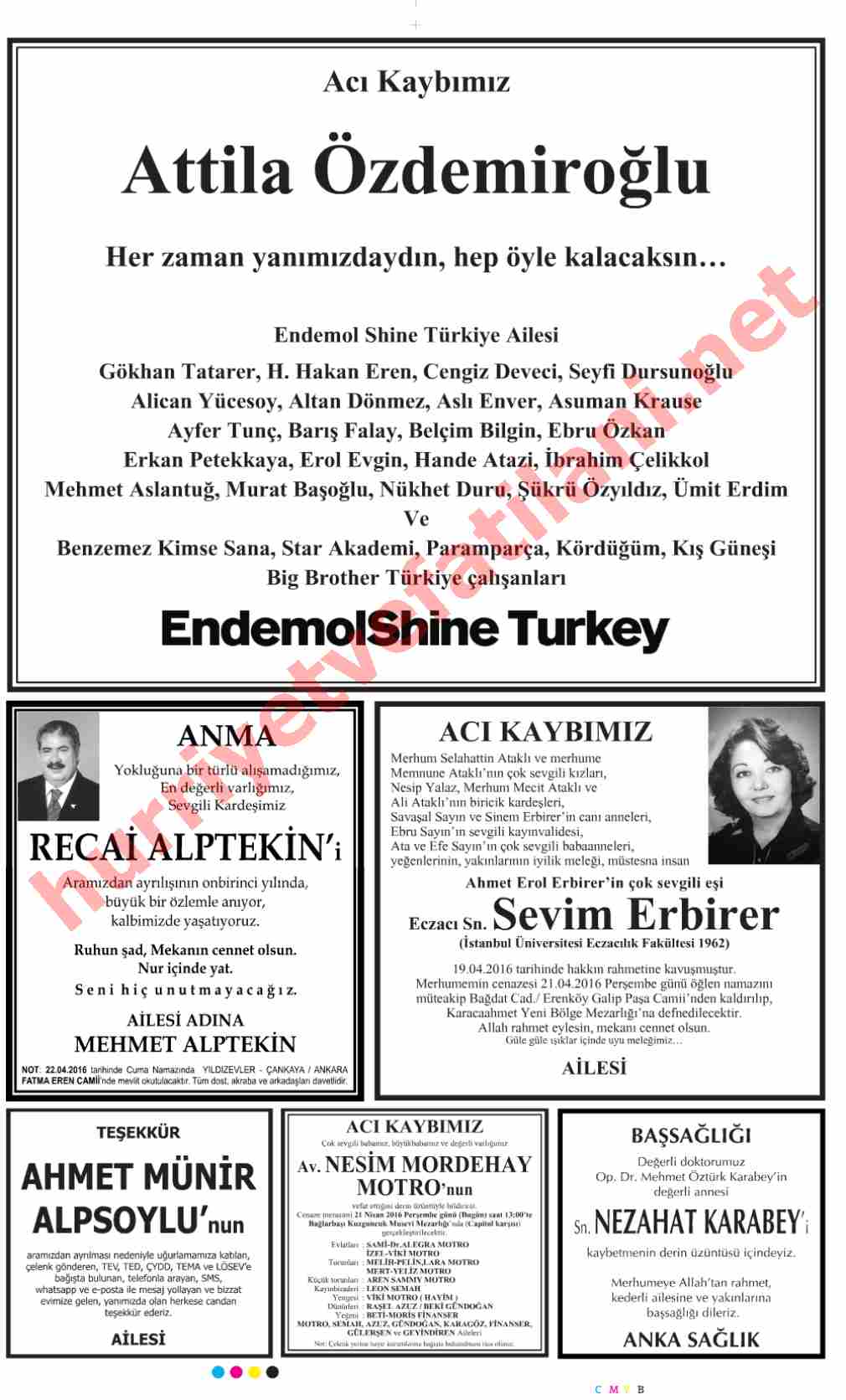 21 Nisan 2016 Hürriyet Gazetesinde Yayınlanmış Vefat İlanları Sayfası
