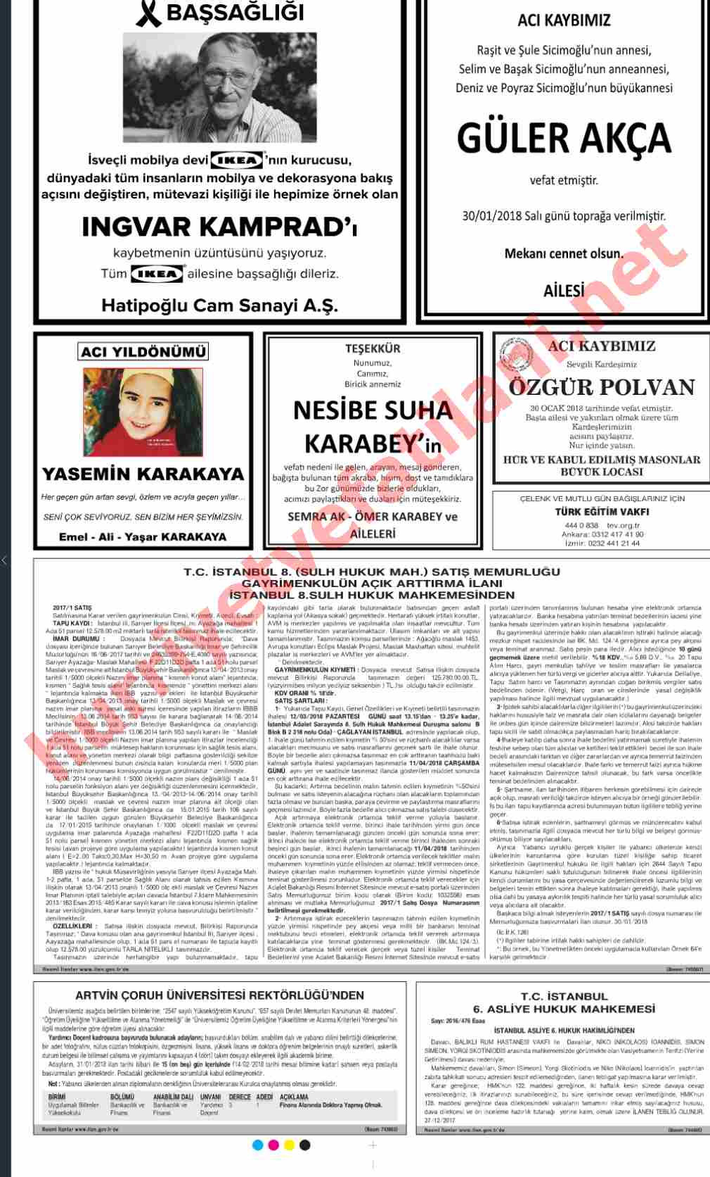 31 Ocak 2018 Çarşamba Günü Hürriyet Gazetesinde Yayınlanmış Vefat İlanları Sayfası