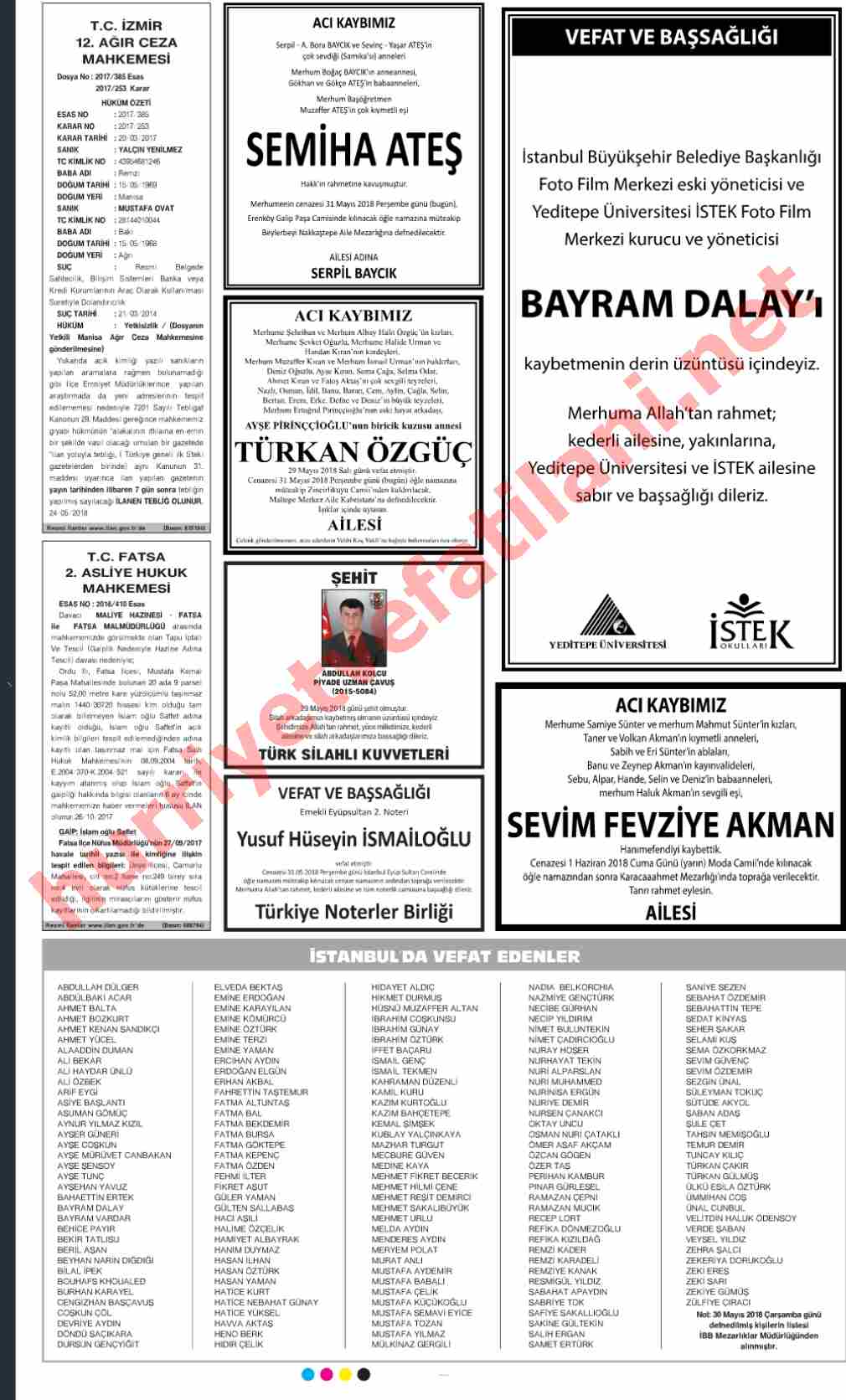 31 Mayıs 2018 Hürriyet Gazetesinde Yayınlanmış Vefat İlanları Sayfası