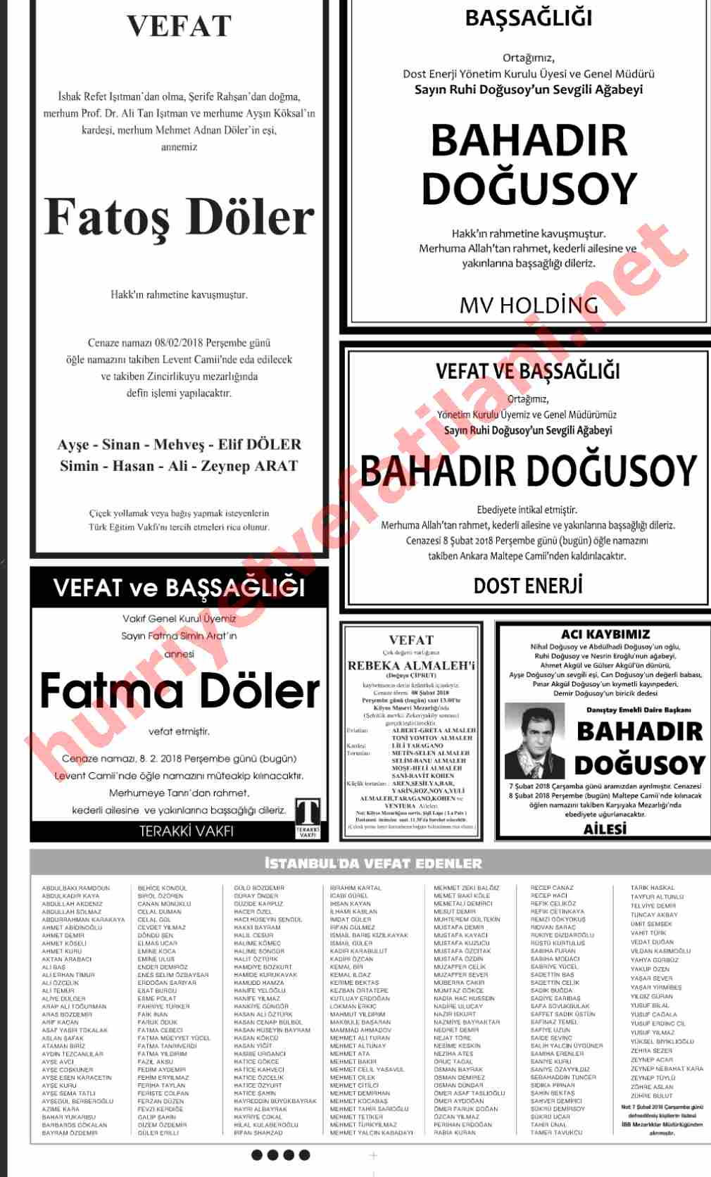 08 Şubat 2018 Hürriyet Gazetesinde Yayınlanmış Vefat İlanları Sayfası