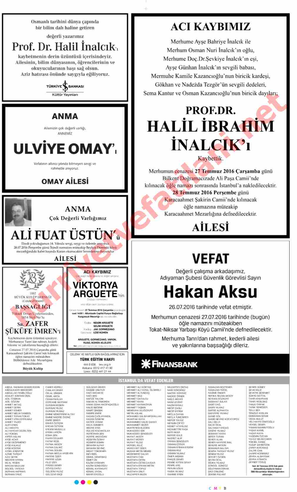 27 Temmuz 2016 Çarşamba Günü Hürriyet Gazetesinde Yayınlanmış Vefat İlanları Sayfası