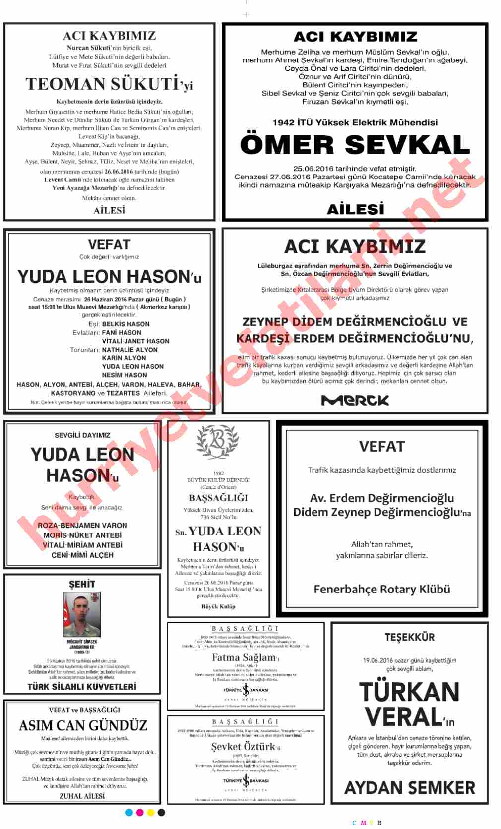 26 Haziran 2016 Pazar Günü Hürriyet Gazetesinde Yayınlanmış Vefat İlanları Sayfası