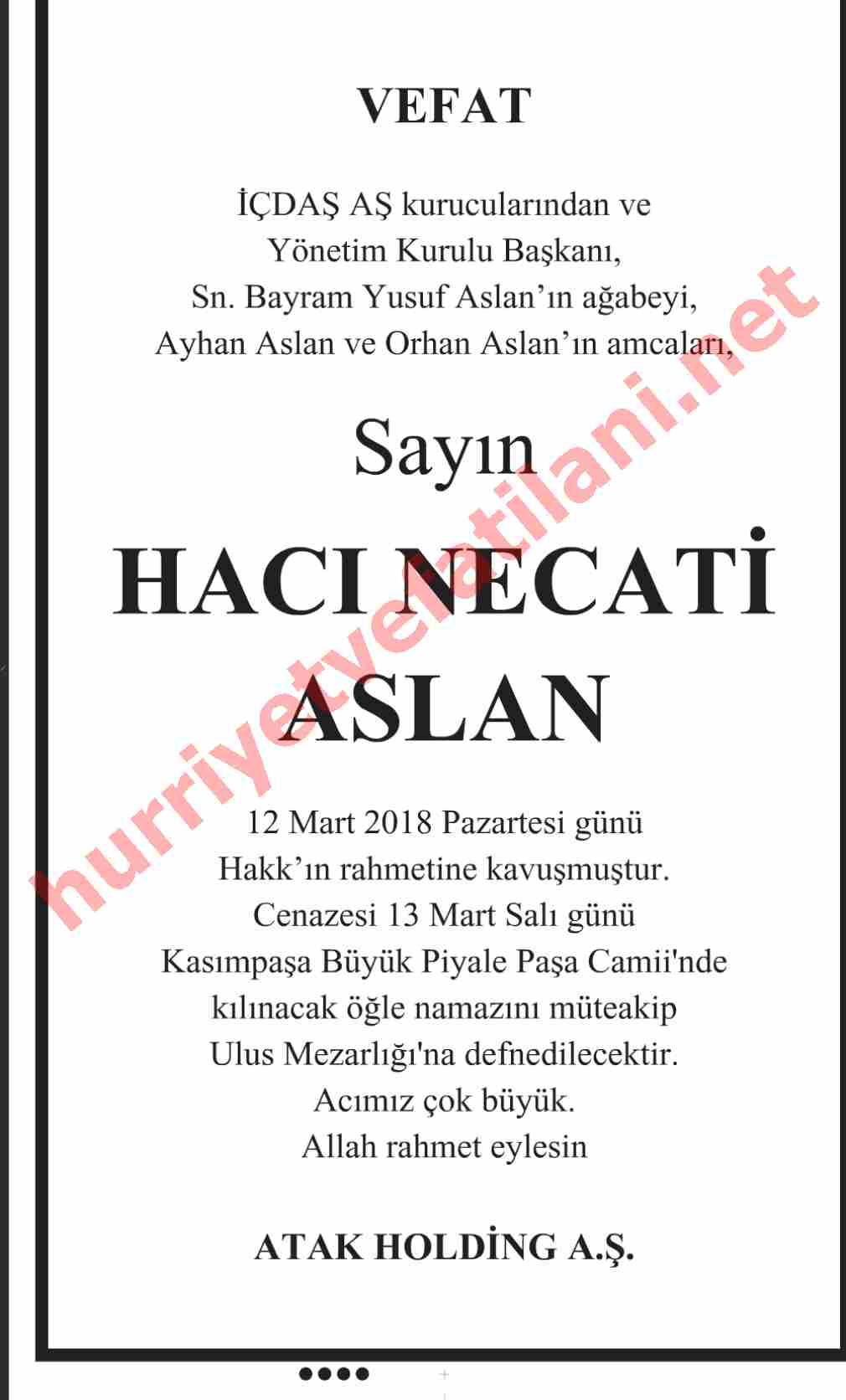 13 Mart 2018 Salı Günü Hürriyet Gazetesinde Yayınlanmış Vefat İlanları Sayfası