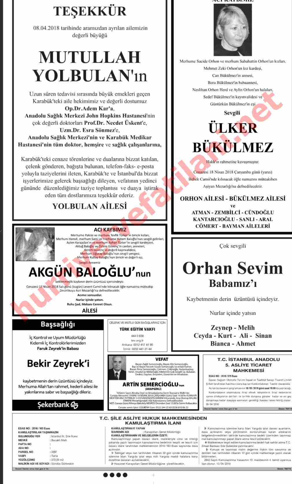 17 Nisan 2018 Hürriyet Gazetesinde Yayınlanmış Vefat İlanları Sayfası