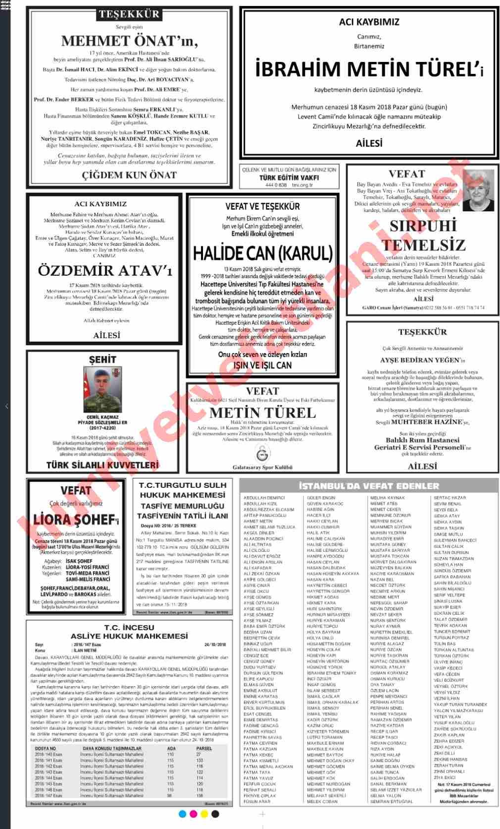 18 Kasım 2018 Hürriyet Gazetesinde Yayınlanmış Vefat İlanları Sayfası