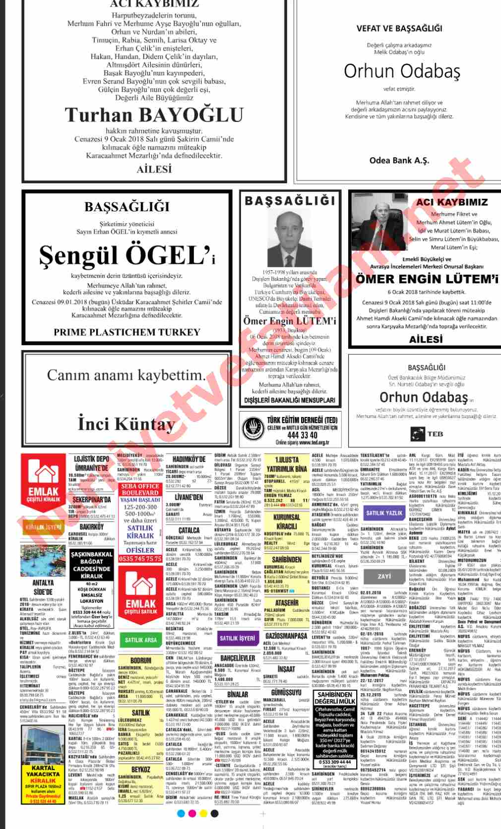 09 Ocak 2018 Salı Günü Hürriyet Gazetesinde Yayınlanmış Vefat İlanları Sayfası