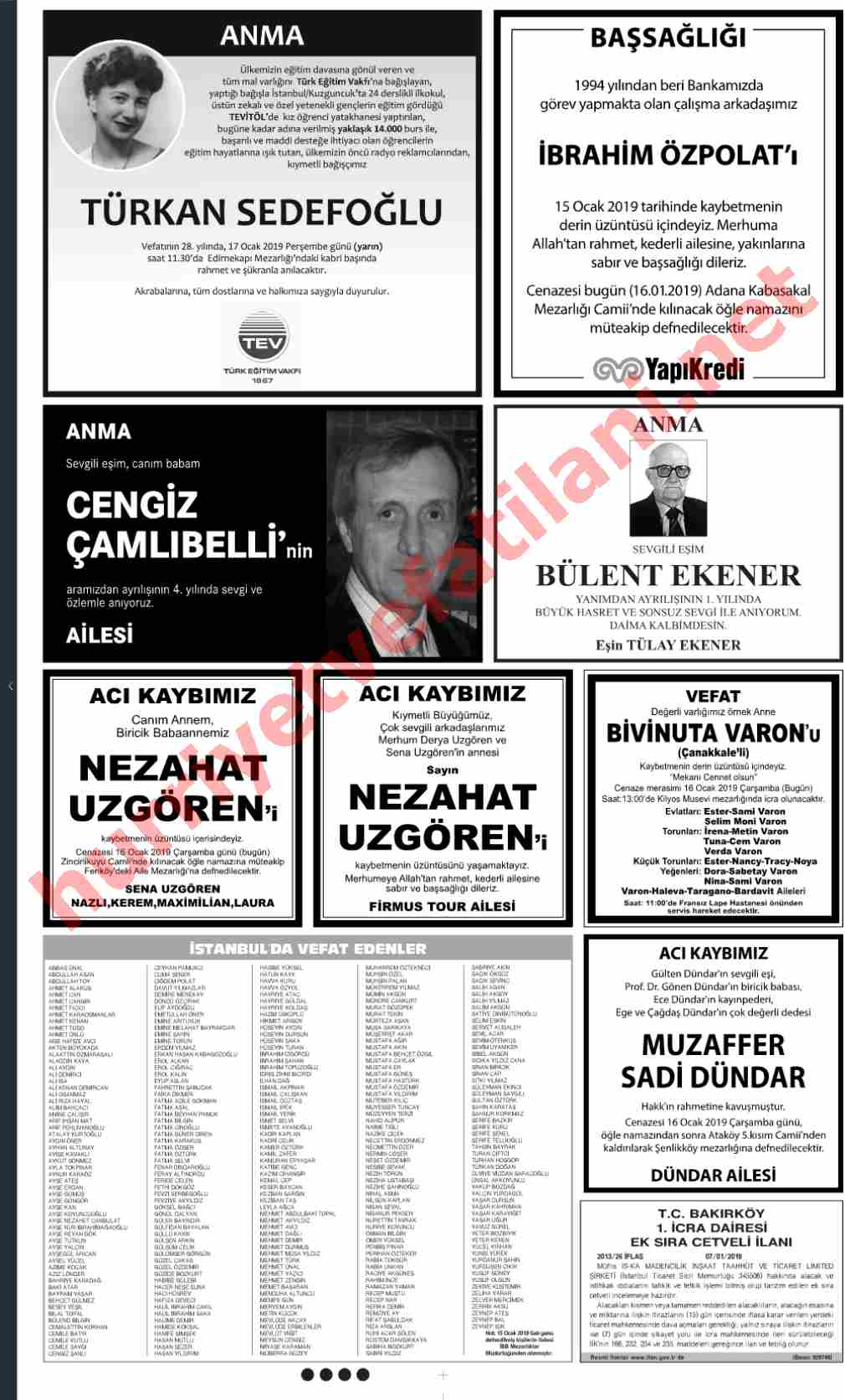 16 Ocak 2019 Hürriyet Gazetesinde Yayınlanmış Vefat İlanları Sayfası