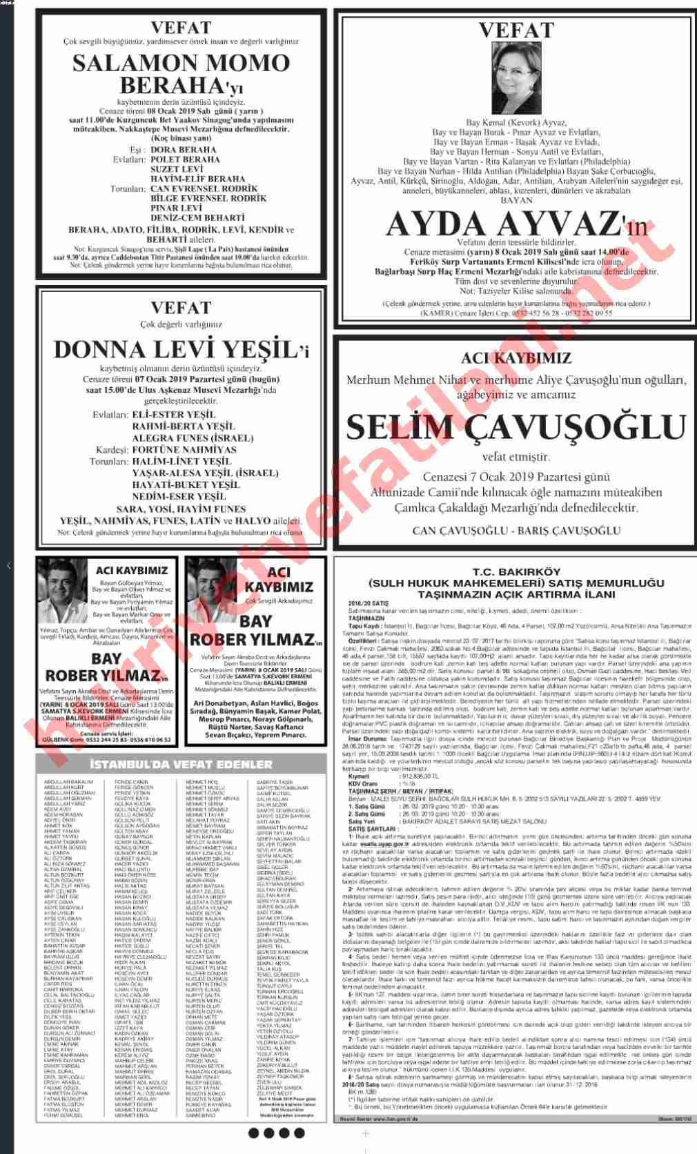 07 Ocak 2019 Pazartesi Günü Hürriyet Gazetesinde Yayınlanmış Vefat İlanları Sayfası
