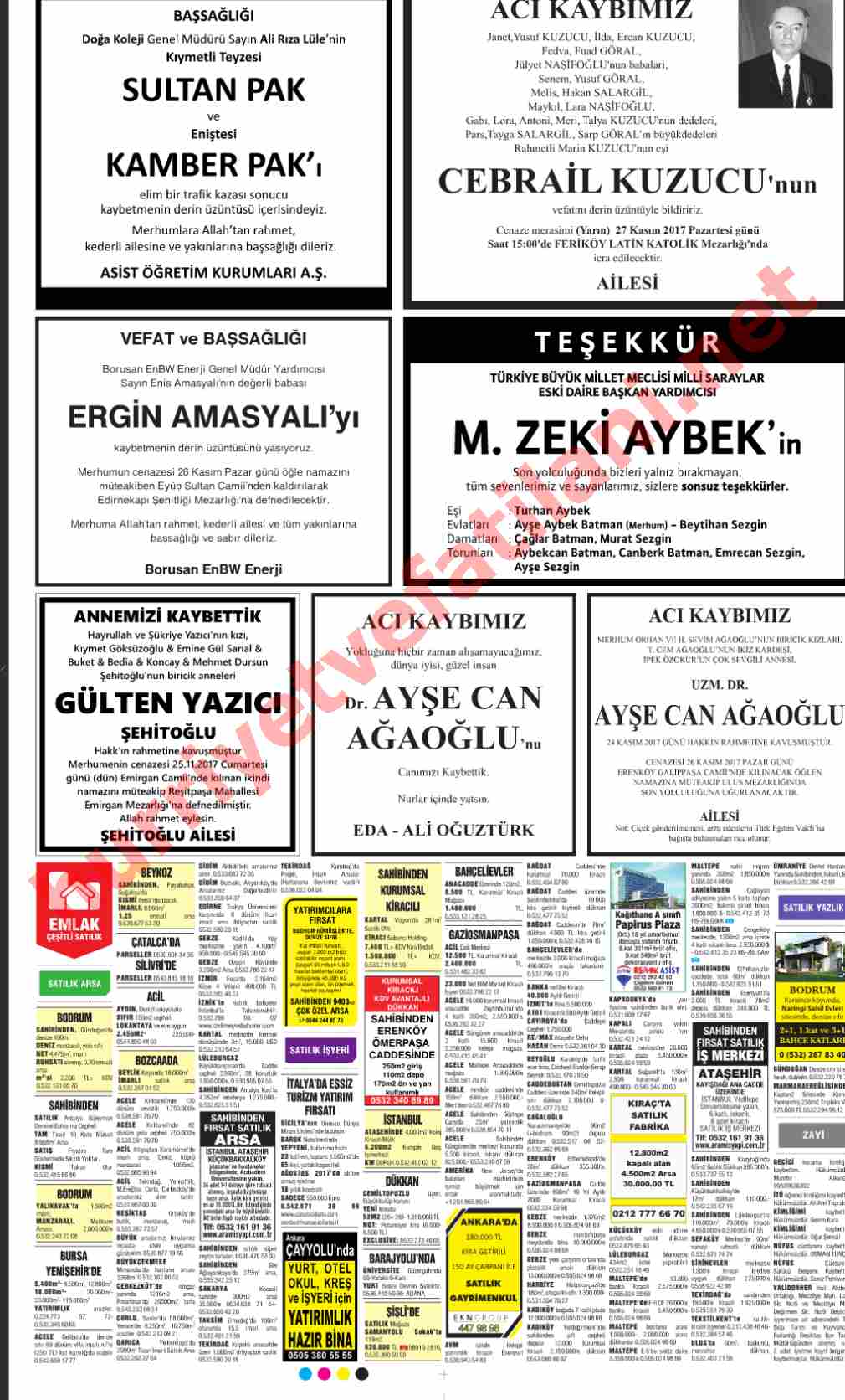 26 Kasım 2017 Pazar Günü Hürriyet Gazetesinde Yayınlanmış Vefat İlanları Sayfası
