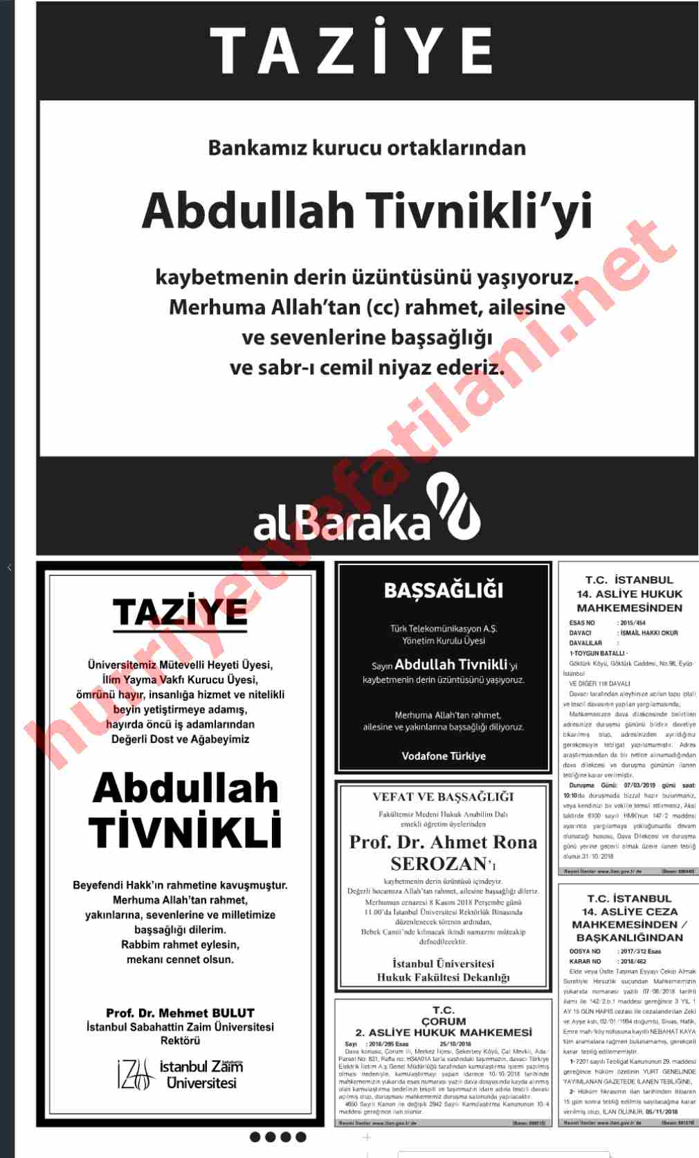 07 Kasım 2018 Hürriyet Gazetesinde Yayınlanmış Vefat İlanları Sayfası