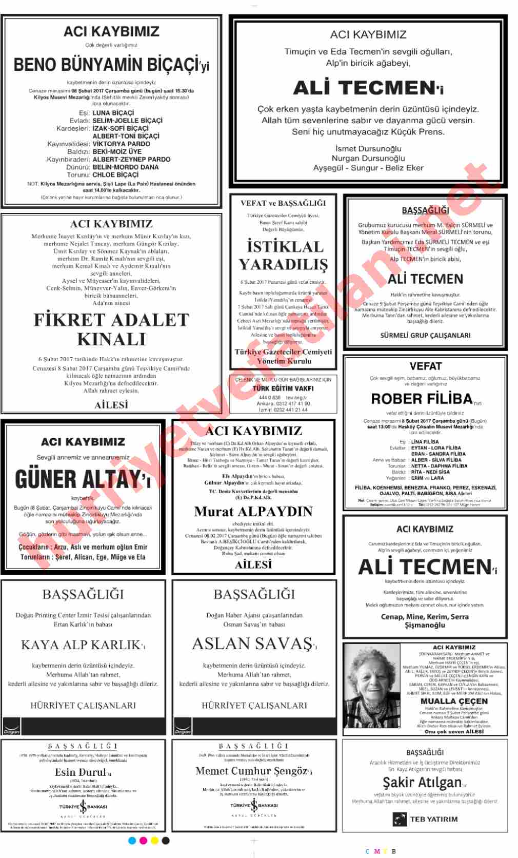 08 Şubat 2017 Hürriyet Gazetesinde Yayınlanmış Vefat İlanları Sayfası