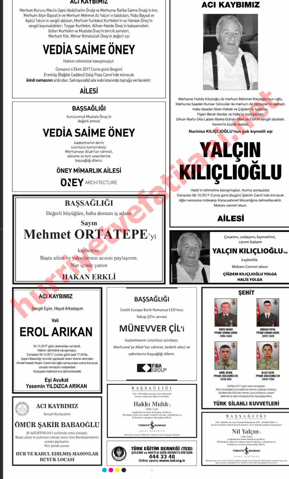06 Ekim 2017 Hürriyet Gazetesinde Yayınlanmış Vefat İlanları Sayfası