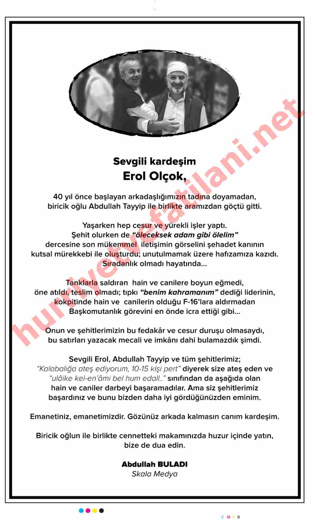 21 Temmuz 2016 Hürriyet Gazetesinde Yayınlanmış Vefat İlanları Sayfası