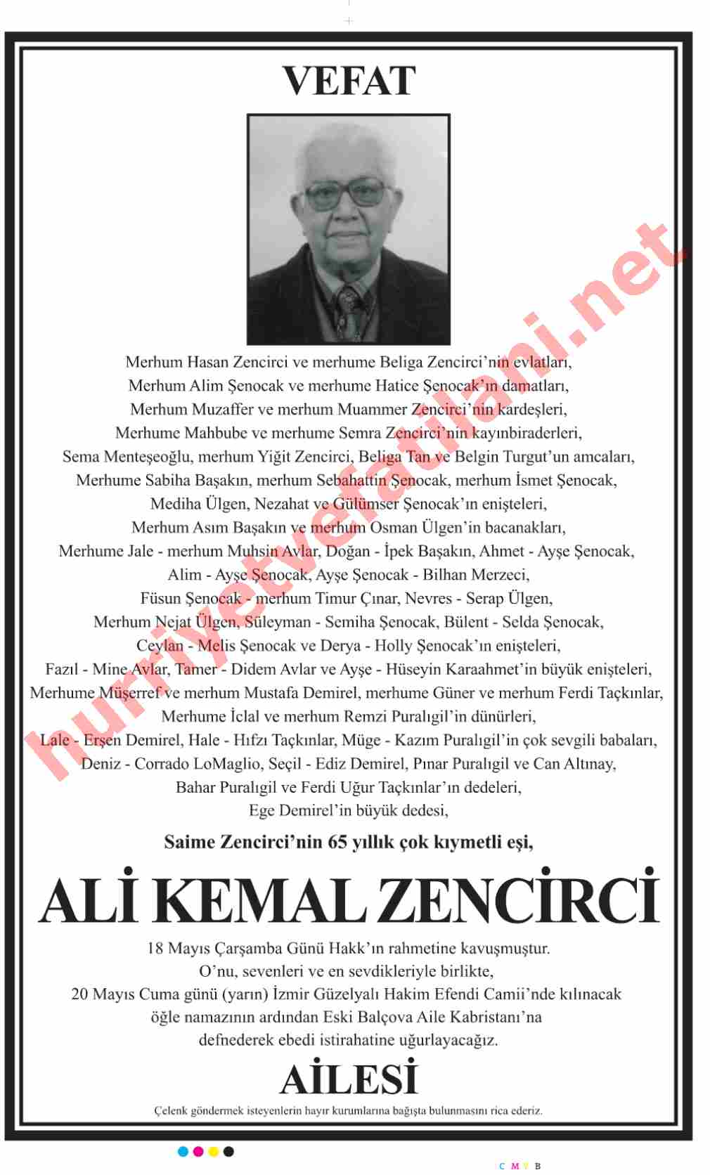 19 Mayıs 2016 Perşembe Günü Hürriyet Gazetesinde Yayınlanmış Vefat İlanları Sayfası