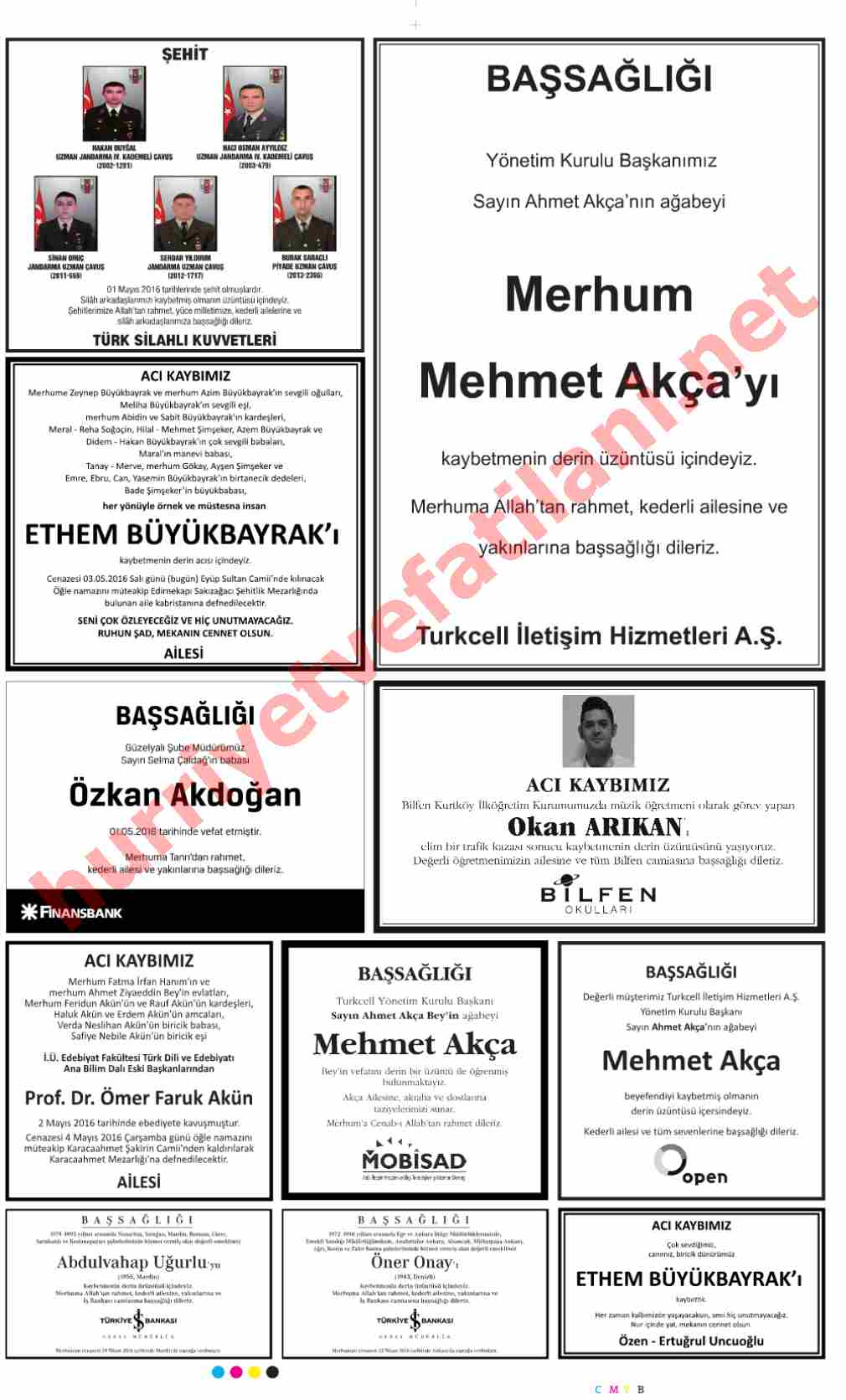 03 Mayıs 2016 Salı Günü Hürriyet Gazetesinde Yayınlanmış Vefat İlanları Sayfası