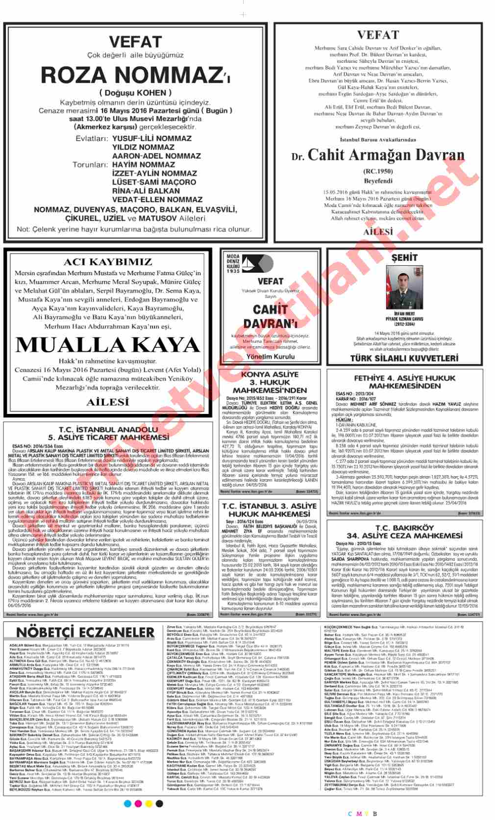 16 Mayıs 2016 Pazartesi Günü Hürriyet Gazetesinde Yayınlanmış Vefat İlanları Sayfası