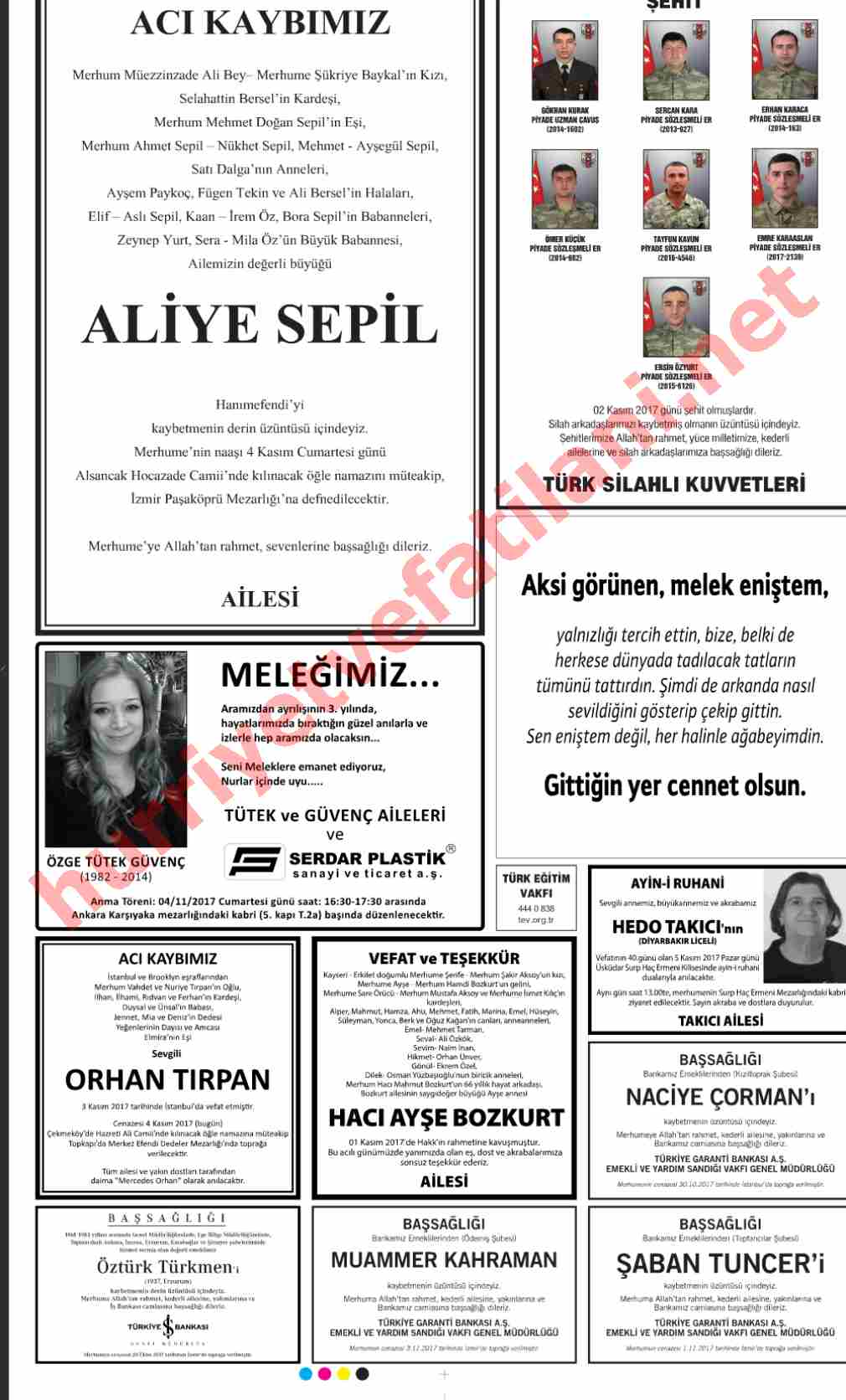04 Kasım 2017 Hürriyet Gazetesinde Yayınlanmış Vefat İlanları Sayfası