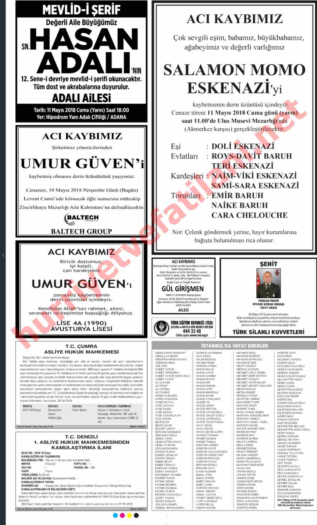 10 Mayıs 2018 Perşembe Günü Hürriyet Gazetesinde Yayınlanmış Vefat İlanları Sayfası