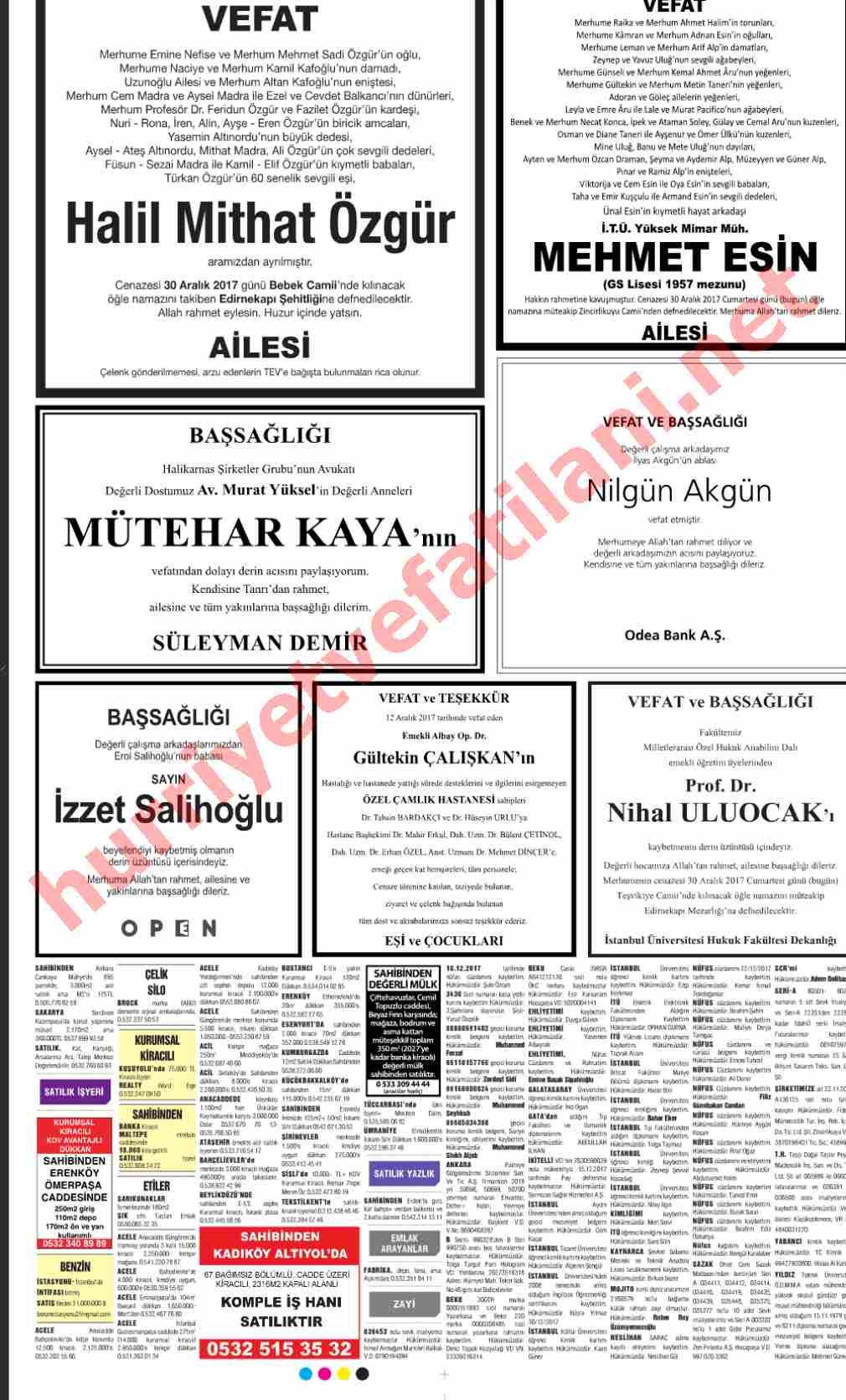30 Aralık 2017 Hürriyet Gazetesinde Yayınlanmış Vefat İlanları Sayfası