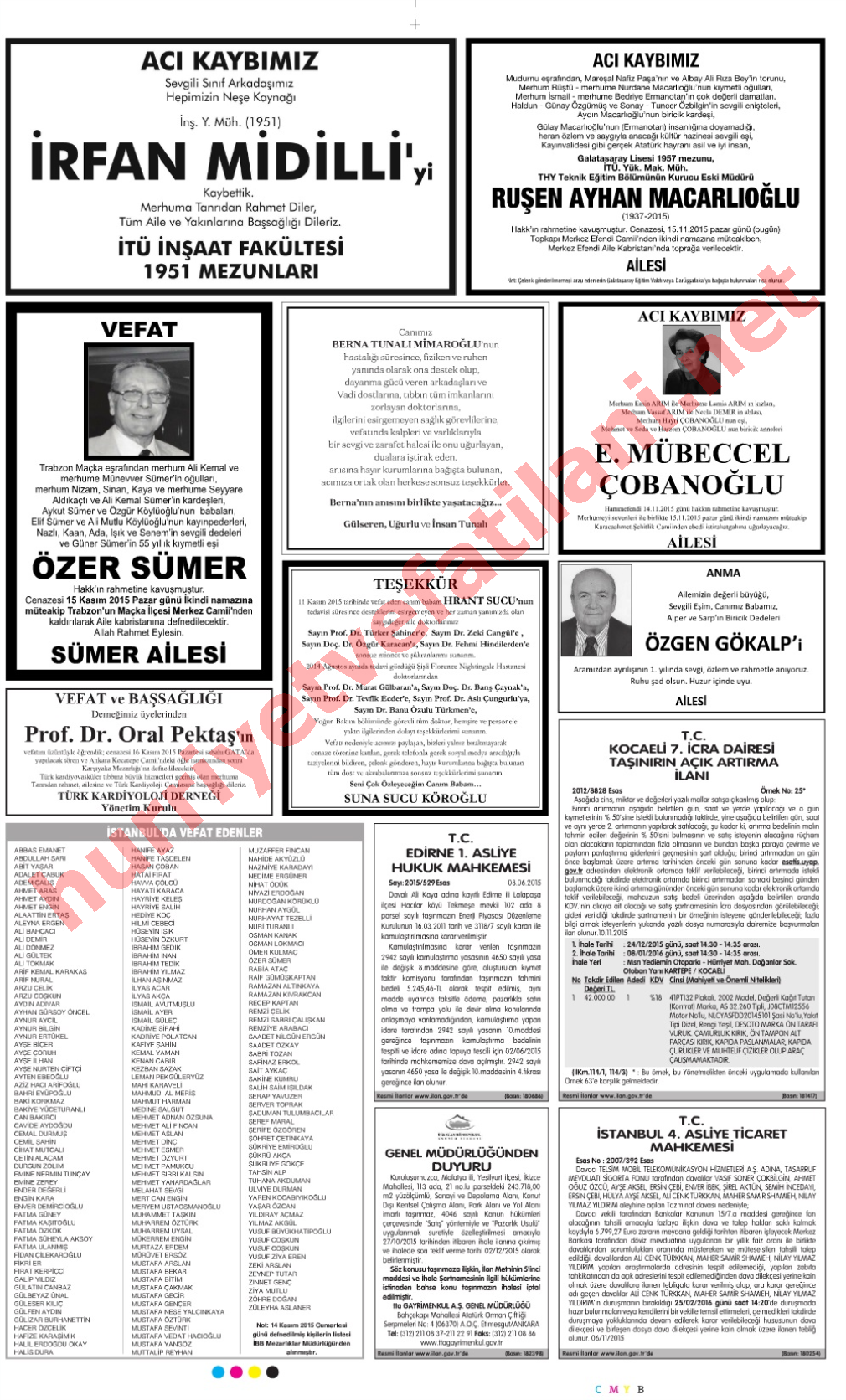 15 Kasım 2015 Hürriyet Gazetesinde Yayınlanmış Vefat İlanları Sayfası