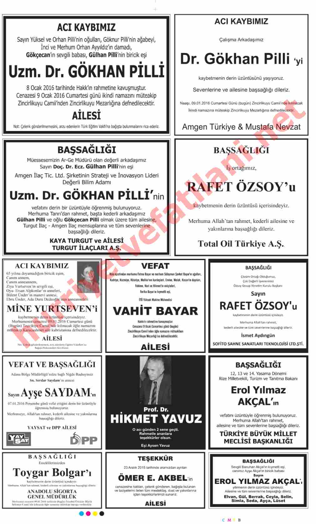 09 Ocak 2016 Hürriyet Gazetesinde Yayınlanmış Vefat İlanları Sayfası